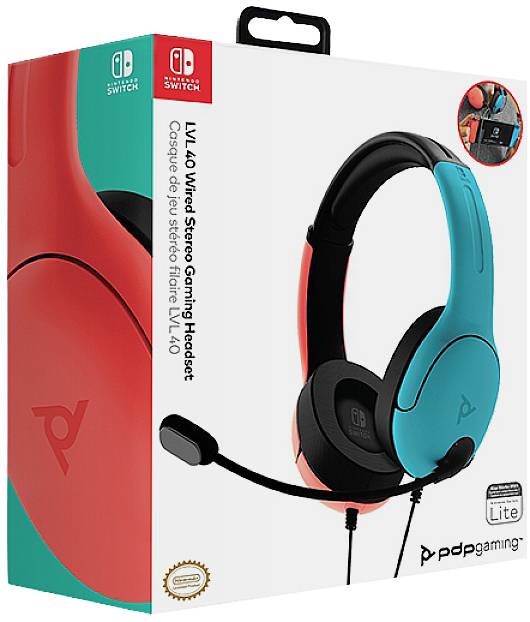 Verpackung eines kabelgebundenen Stereo-Gaming-Headsets für Nintendo Switch, links in Rot und rechts in Blau.