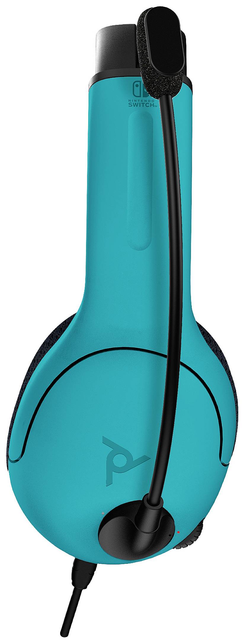 Ein blaues Gaming-Headset mit Mikrofon in der vertikalen Ansicht. Es ist kabellos und besitzt Bedientasten an der Ohrmuschel.