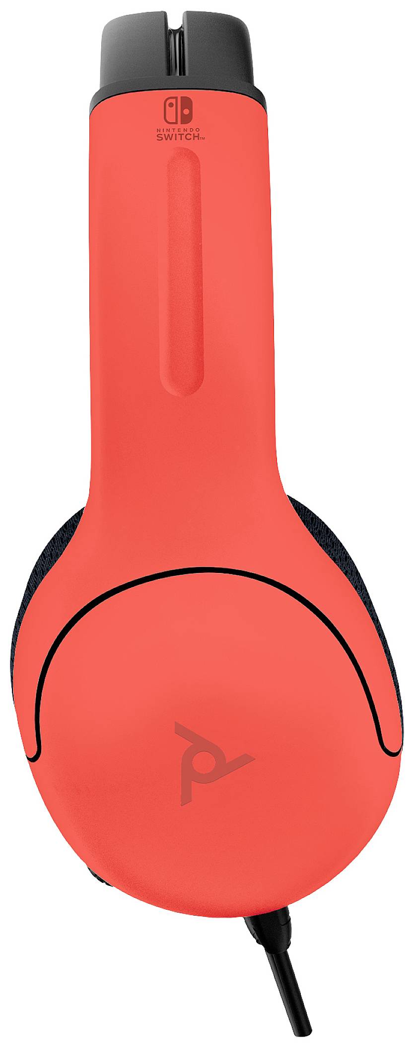 Ein roter kabelgebundener Kopfhörer mit Nintendo-Switch-Logo auf der Oberseite, der für Gaming-Zwecke verwendet wird.