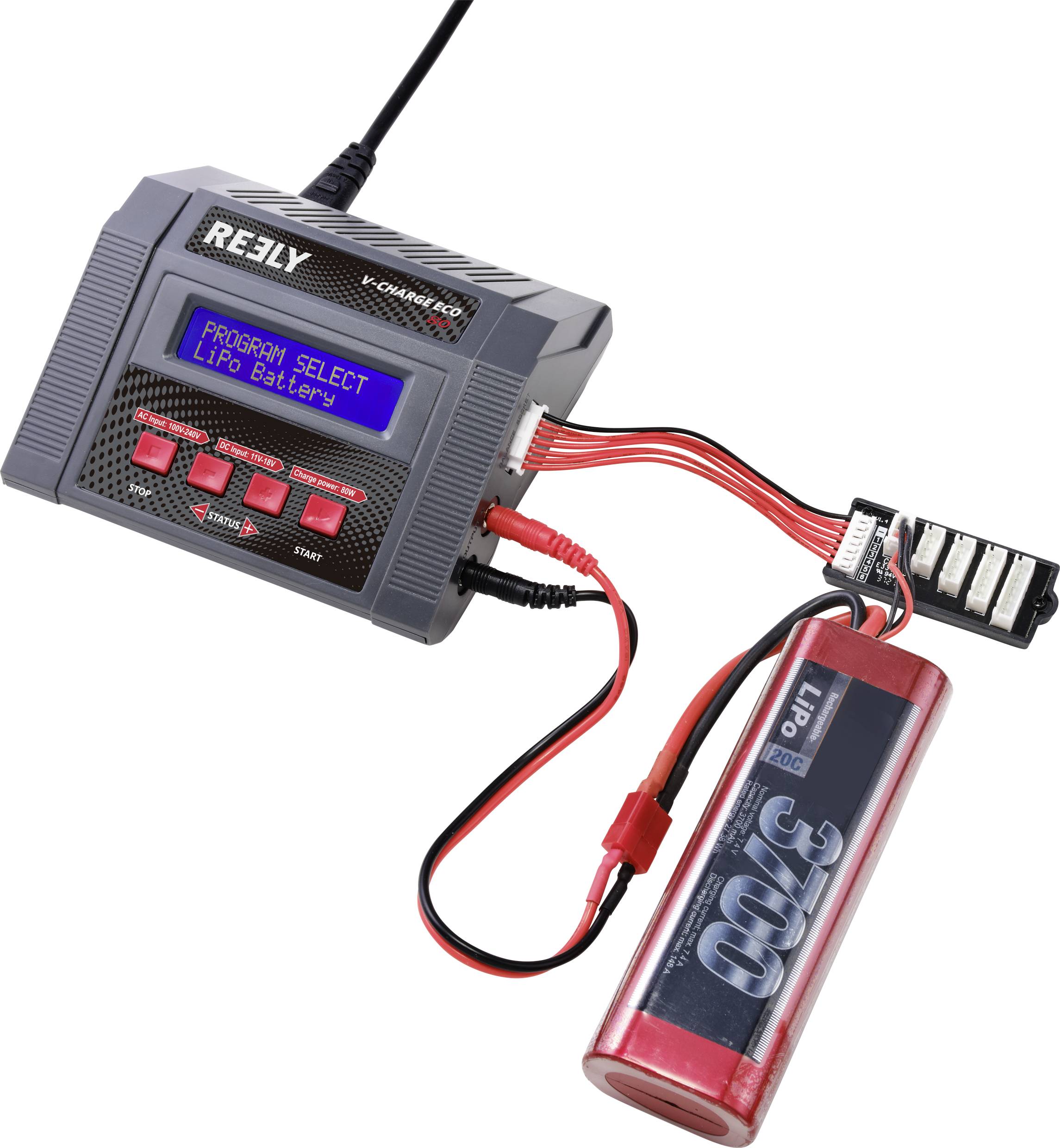 Reely V-Charger ECO 80 Modellbau-Multifunktionsladegerät 100 V, 240 V, 12 V 10 A Blei, NiMH, NiCd, LiPo, LiIon, LiHV, Blei-Calcium