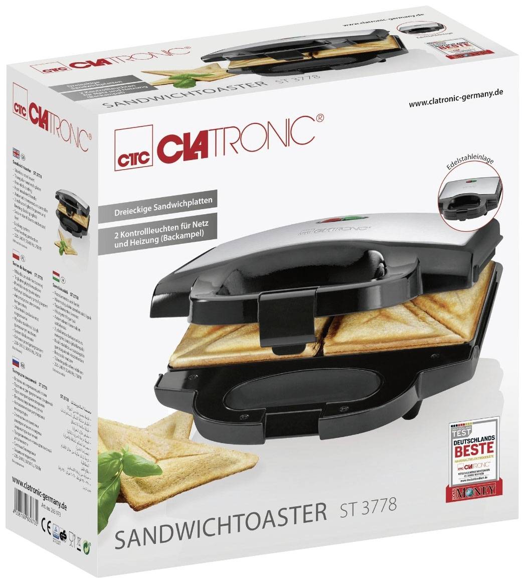 Clatronic ST 3778 Sandwich-Toaster Antihaftbeschichtung Edelstahl, Schwarz