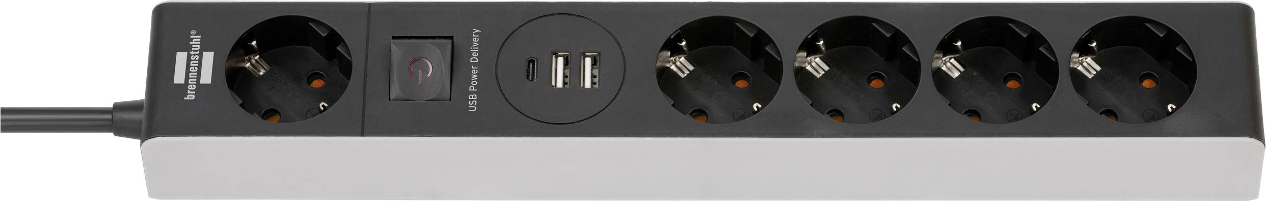 Schwarze Steckdosenleiste mit fünf europäischen Steckdosen, einem zentralen Ein-/Ausschalter und zwei USB-Ladeanschlüssen, mit Stromkabel auf der linken Seite angebracht.