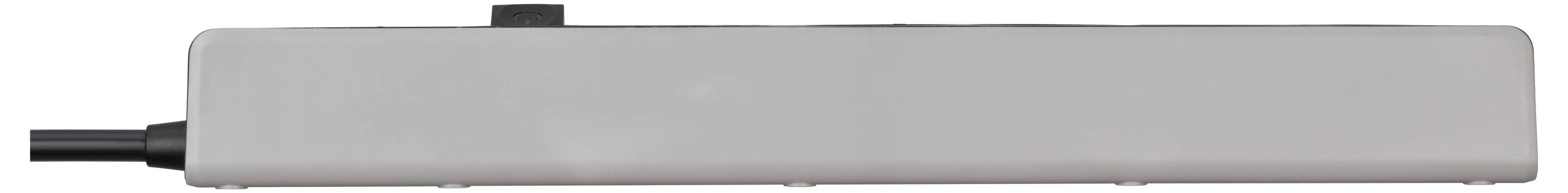 Graues rechteckiges elektronisches Gerät mit einem schwarzen Kabel auf der linken Seite und einer kleinen Lasche oben, auf weißem Hintergrund gezeigt.