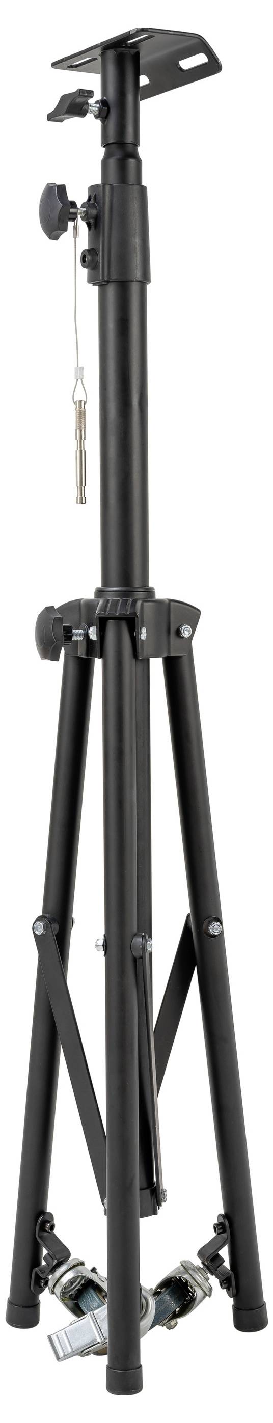 Ein schwarzes Stativ mit höhenverstellbaren Beinen, geeignet für Fotografie oder Videoaufnahmen.