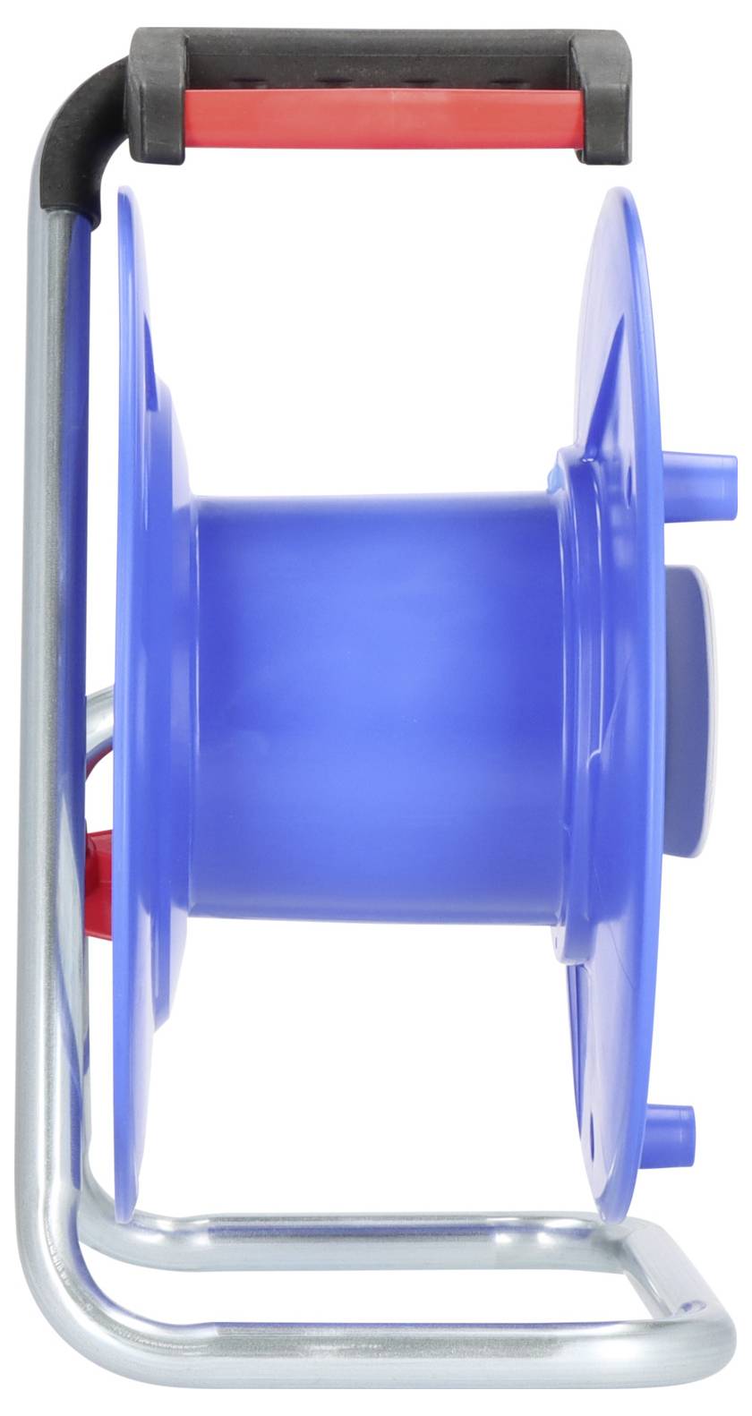 Blauer Schlauchtrommel auf einem Metallrahmen mit rotem und schwarzem Griff, leer gezeigt und bereit zur Lagerung oder zum Transport.