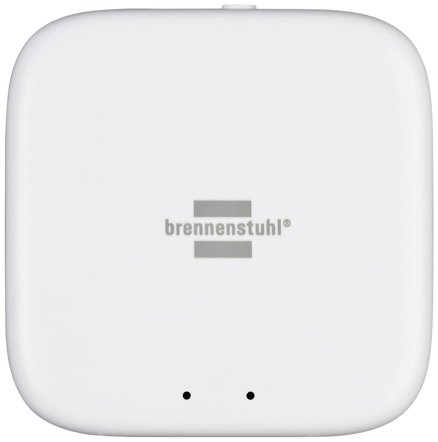 Weiße, quadratische Abdeckung eines Geräts mit dem Logo 'brennenstuhl' in der Mitte.