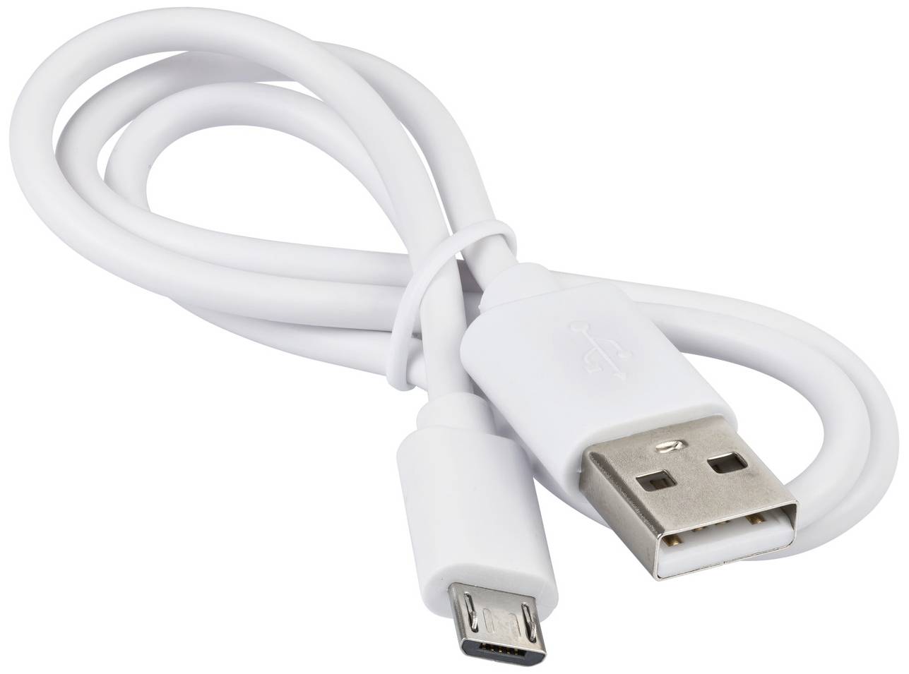 Ein weißes USB-Kabel mit Micro-USB-Anschluss auf der einen Seite und Standard-USB-A-Stecker auf der anderen.