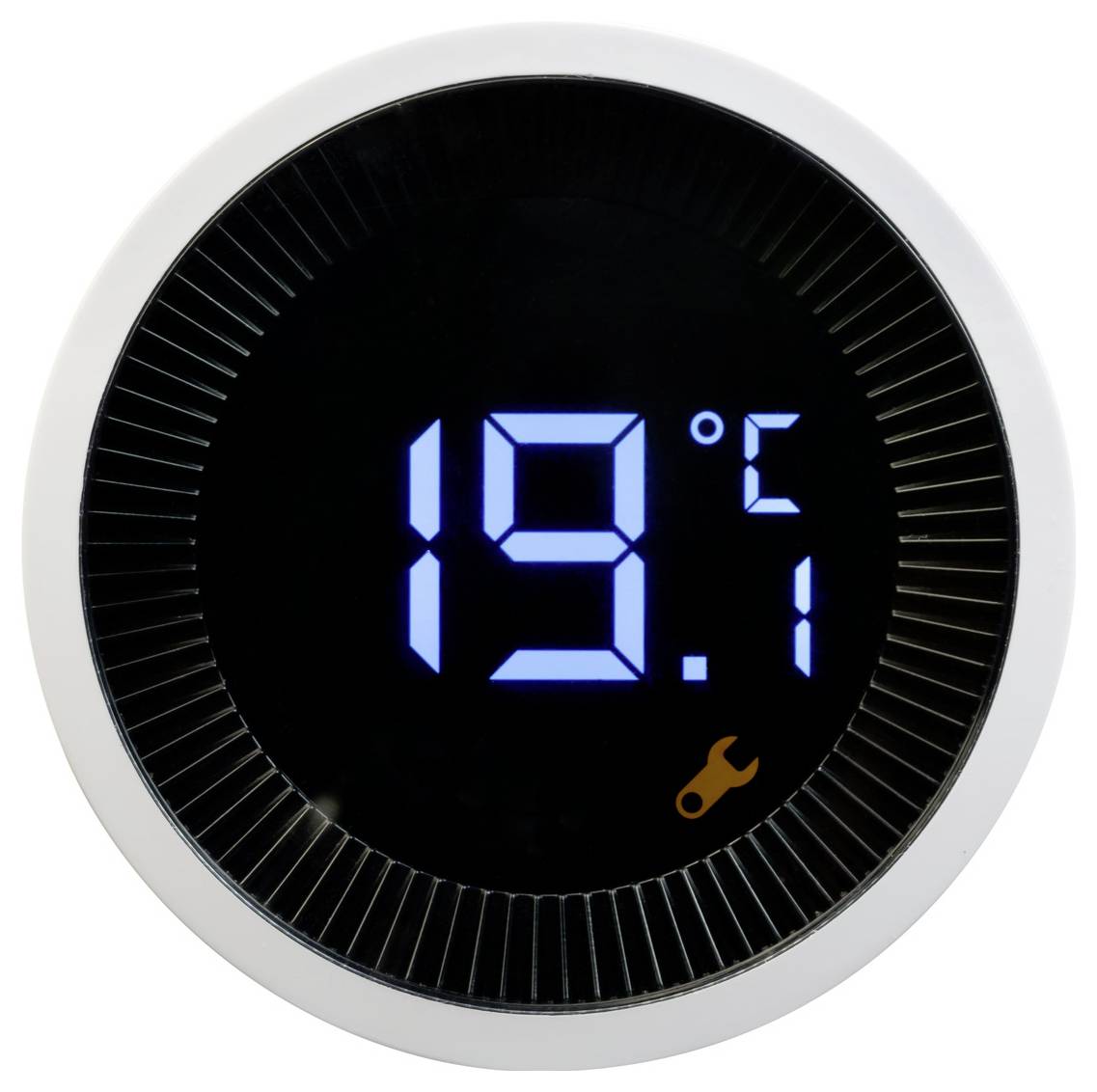 Digitales Kreisthermometer-Display mit Anzeige von 19,1°C und einem Schraubenschlüssel-Symbol, das Service- oder Wartungsmodus anzeigt.