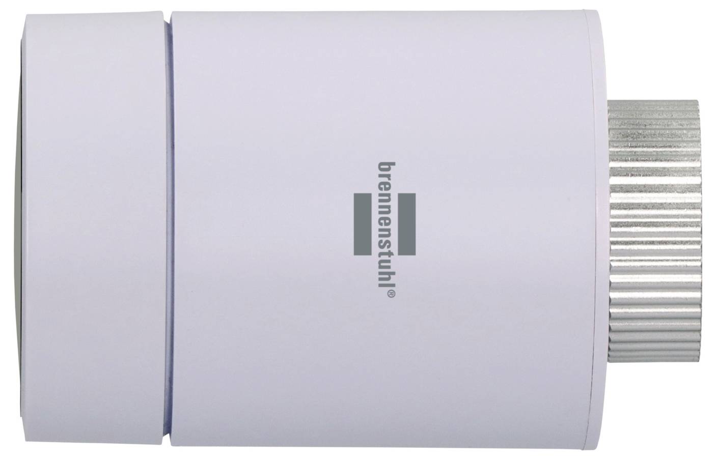 Weißes Brennenstuhl-Gerät in Zylinderform oder Adapter mit geripptem Metallendereich, auf einem schlichten Hintergrund dargestellt