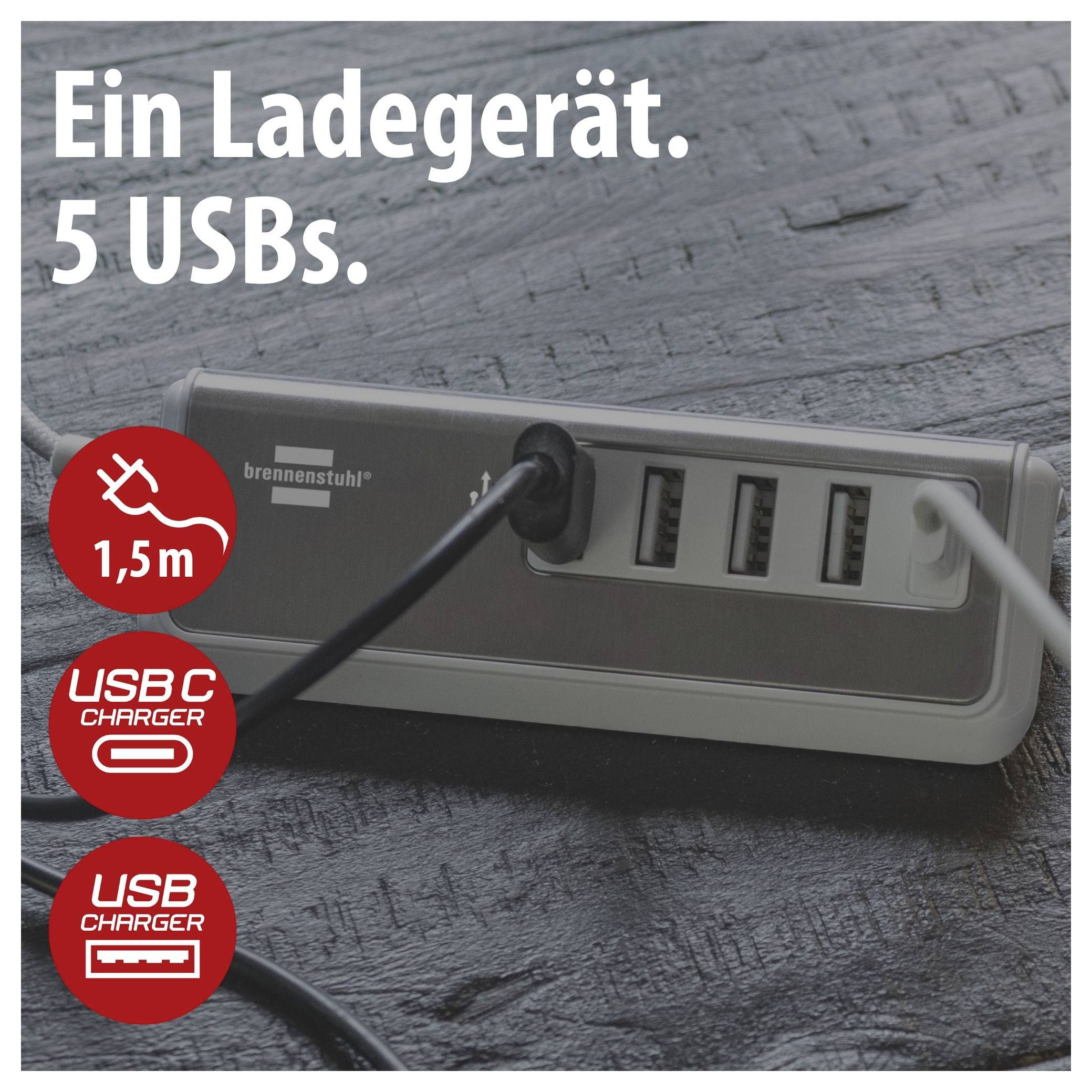 Werbebild eines Brennenstuhl-USB-Ladegeräts mit fünf USB-Anschlüssen und 1,5-m-Kabel; Text: 'Ein Ladegerät. 5 USBs.'
