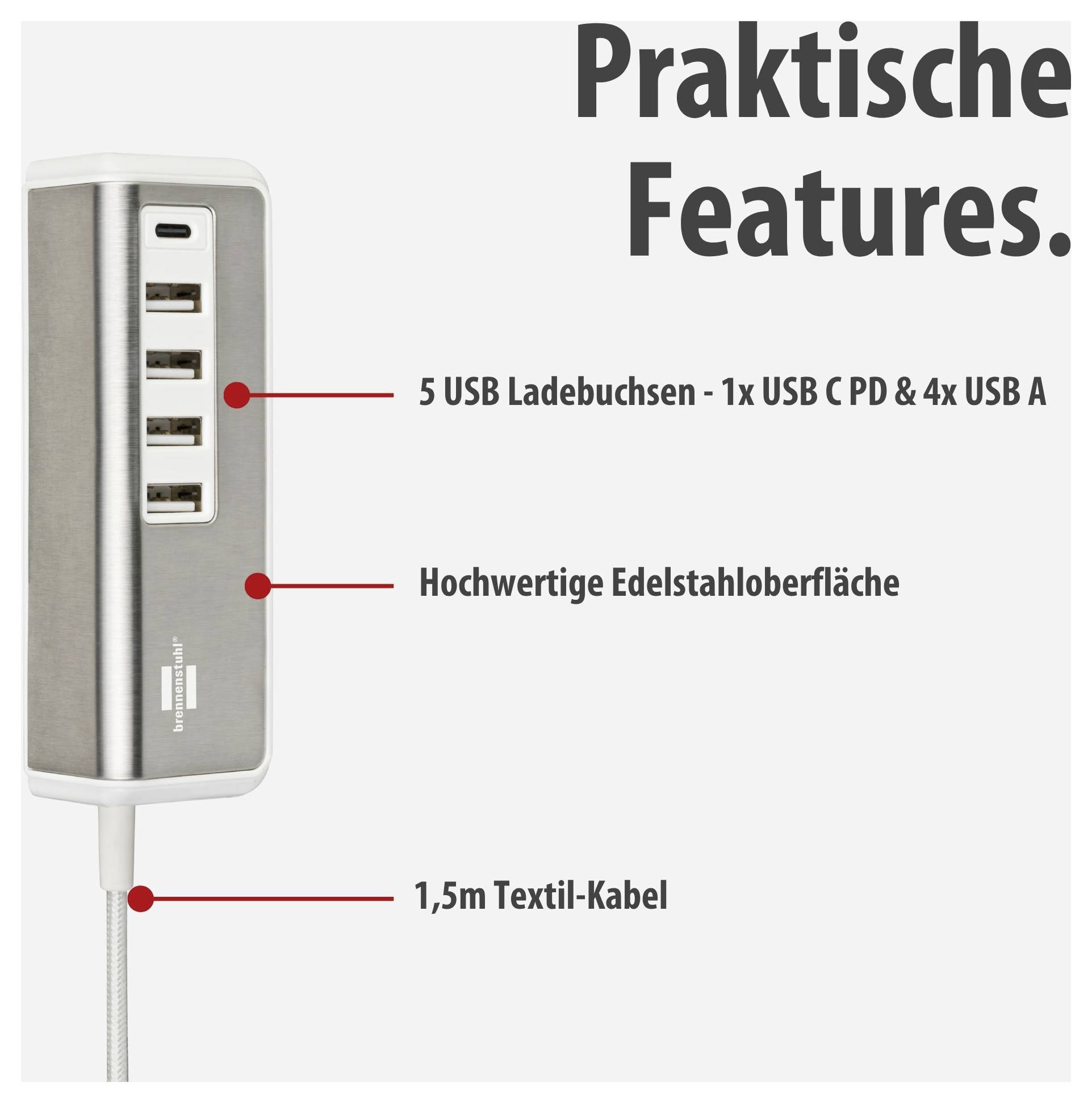 Werbegrafik eines Steckdosen-USB-Hubs mit fünf Ladebuchsen: 1x USB-C PD und 4x USB-A, Edelstahloberfläche, 1,5-m-Textilkabel.