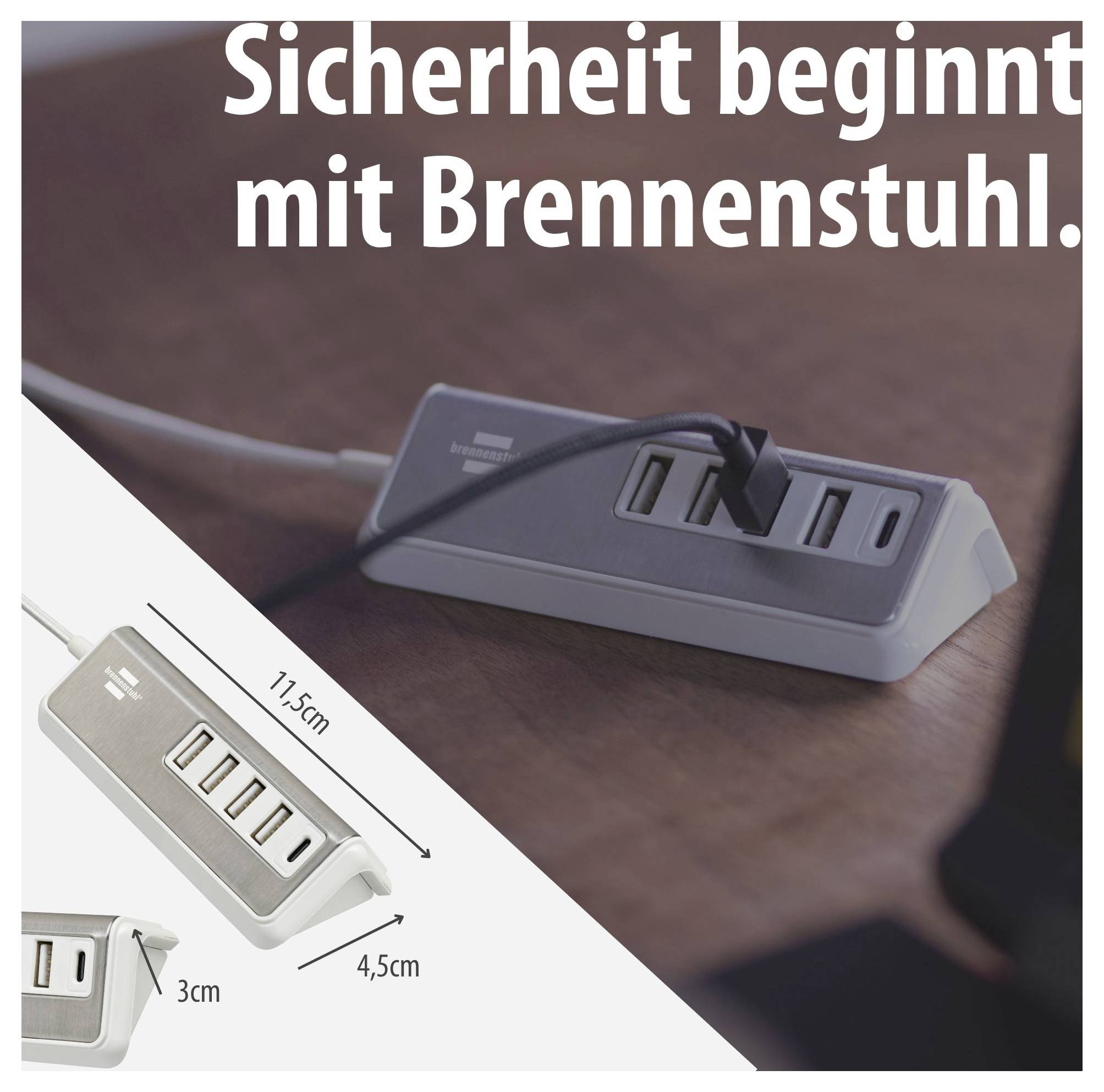 Werbebild eines grauen Brennenstuhl-Mehrfachladers auf einem Tisch; Text: 'Sicherheit beginnt mit Brennenstuhl.'