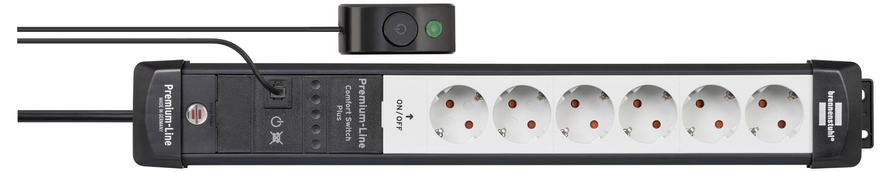 Eine schwarze PowerMax-Steckerleiste mit Stromkabel und sieben Steckdosen, horizontal auf weißem Hintergrund dargestellt.