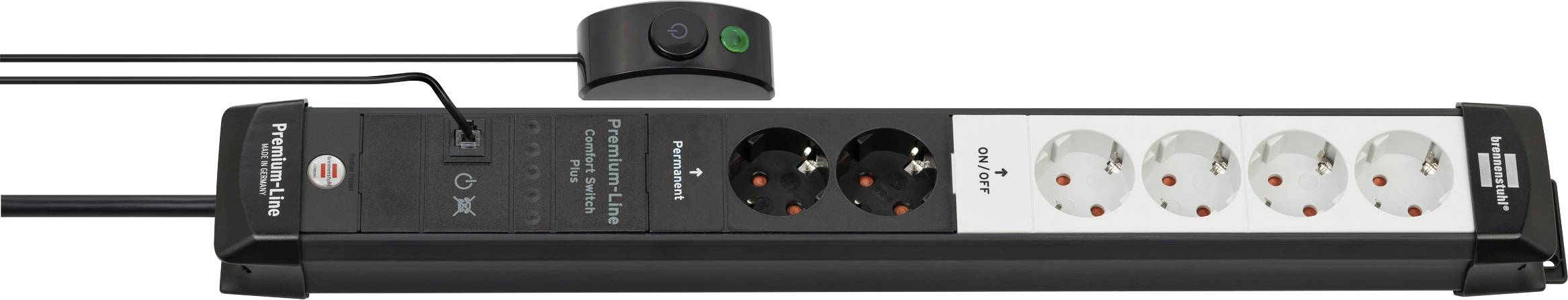Acht-Steckdosen-Steckerleiste mit schwarzem USB-Ladehub oben aufgesetzt, mit einer Mischung aus schwarzen und weißen Steckdosen und einem Netzschalter.