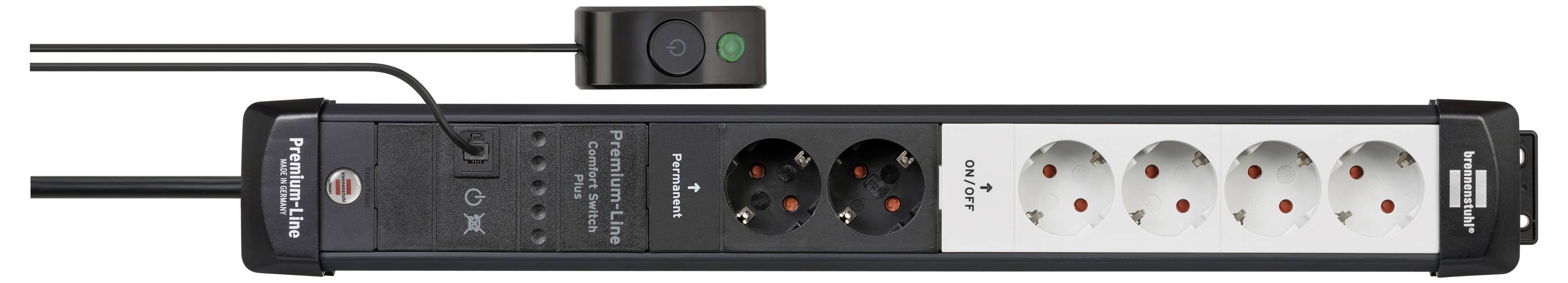 Ein schwarzes Steckerleistengerät mit sechs Steckdosen, einem grünen Netzschalter und einem USB-kameraähnlichen Gerät auf der Oberseite, das mehrere eingesteckte Stecker zeigt.