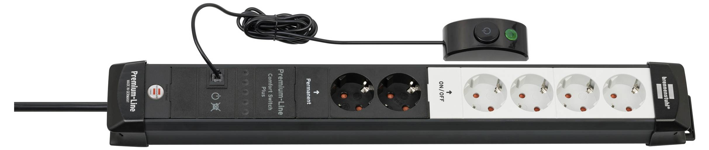 Schwarze Vierfach-Steckdosenleiste mit zwei runden europäischen Steckdosen, einem Kabel und einem Ein-/Ausschalter oben.