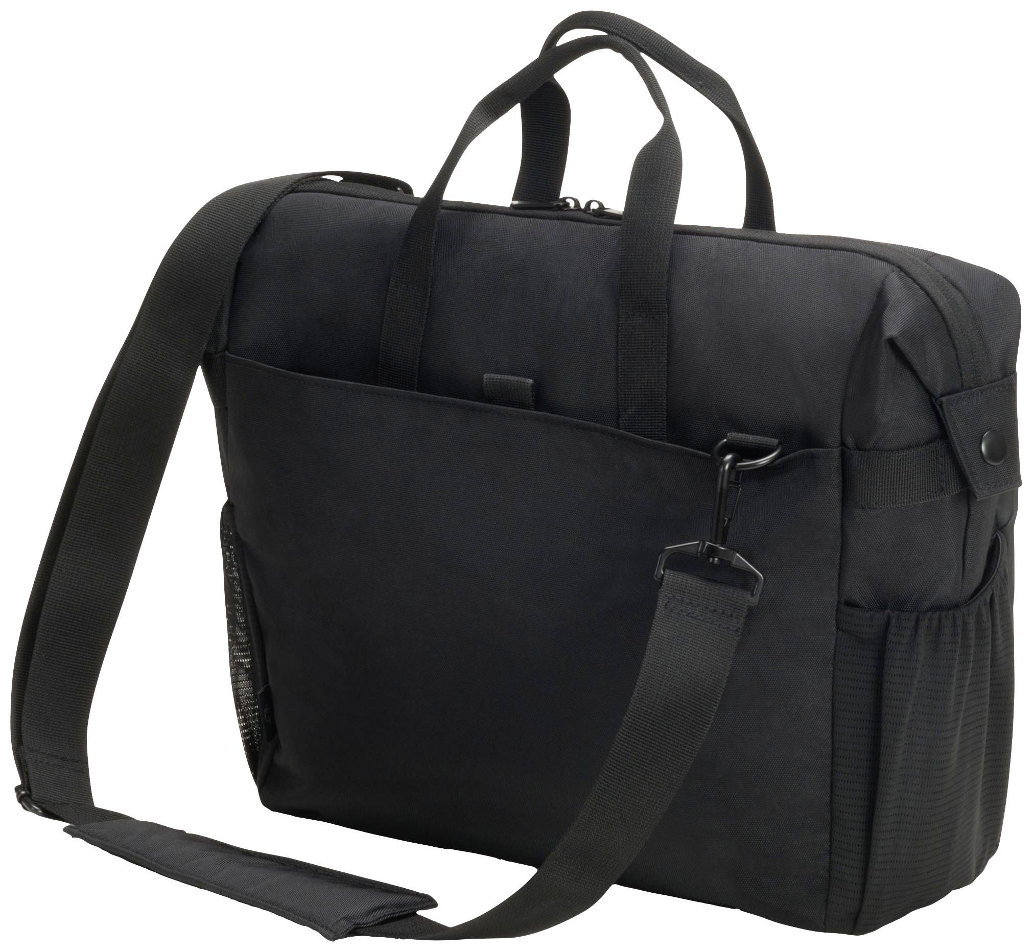 Schwarze Aktentasche mit Schultergurt und Tragegriffen, großes Hauptfach, kleine Seitentasche und eine Vordertasche.
