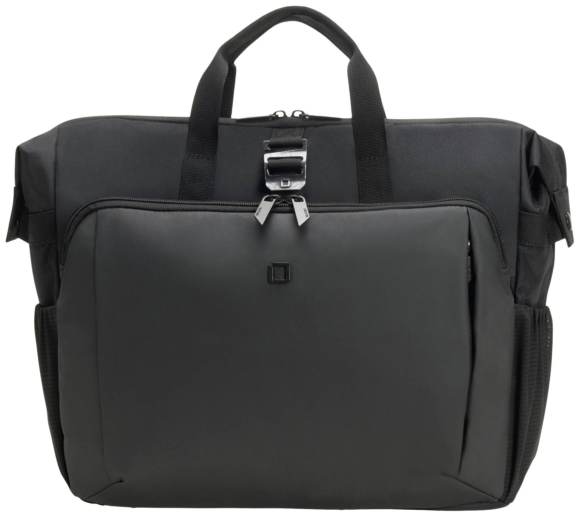 Schwarze, rechteckige Tasche mit vorderem Fach, Reißverschlüssen und Tragegriffen.