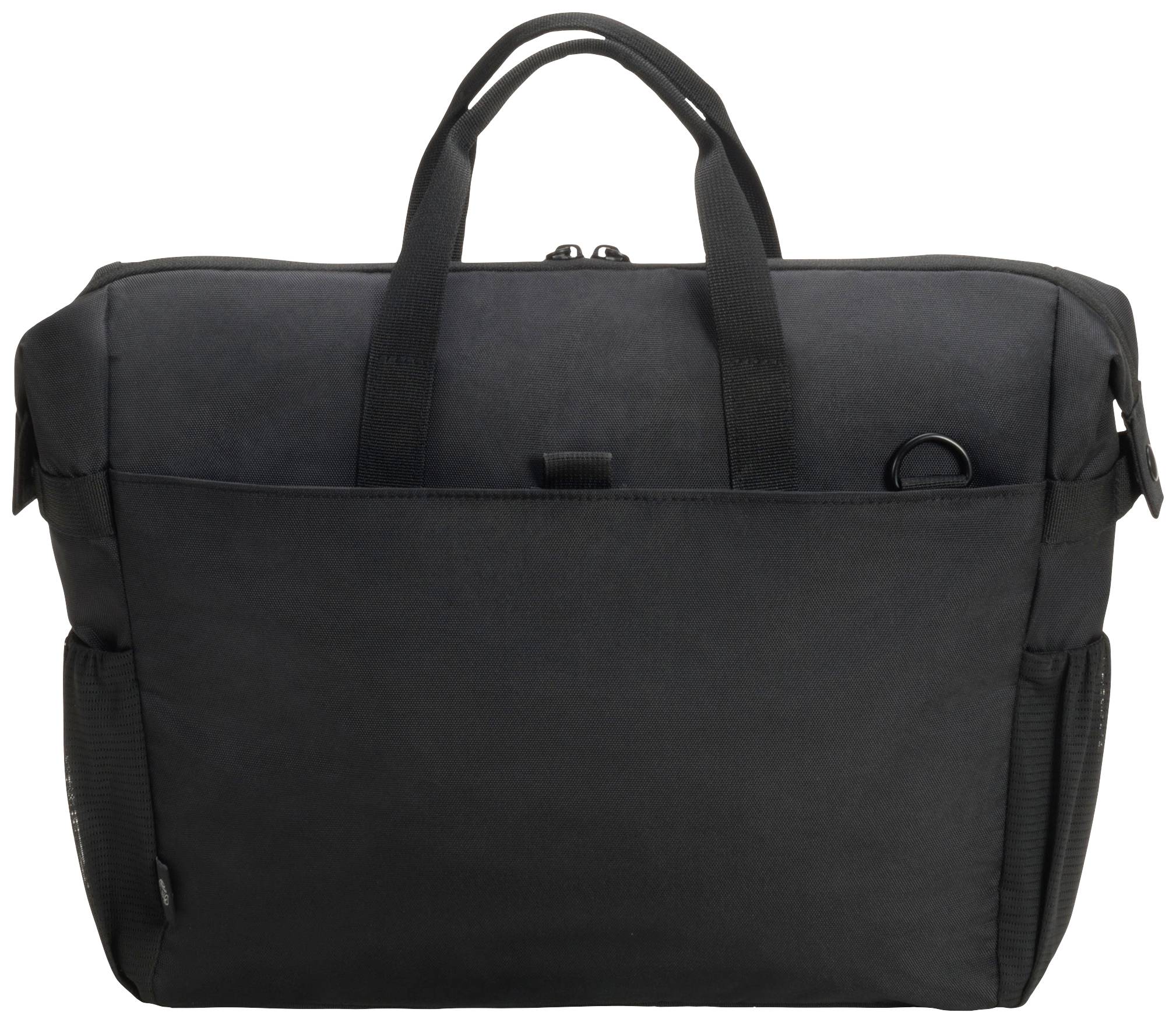 Eine schwarze Laptoptasche mit zwei Griffen und einem Reißverschluss. Sie hat eine Außentasche vorne und Seitentaschen.