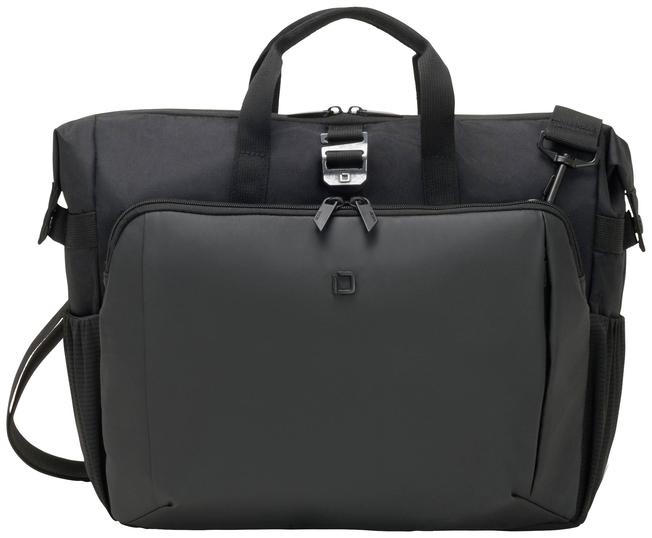 Eine schwarze Laptoptasche mit mehreren Fächern und einem verstellbaren Schulterriemen, geeignet für den Transport von Elektronik und Zubehör.