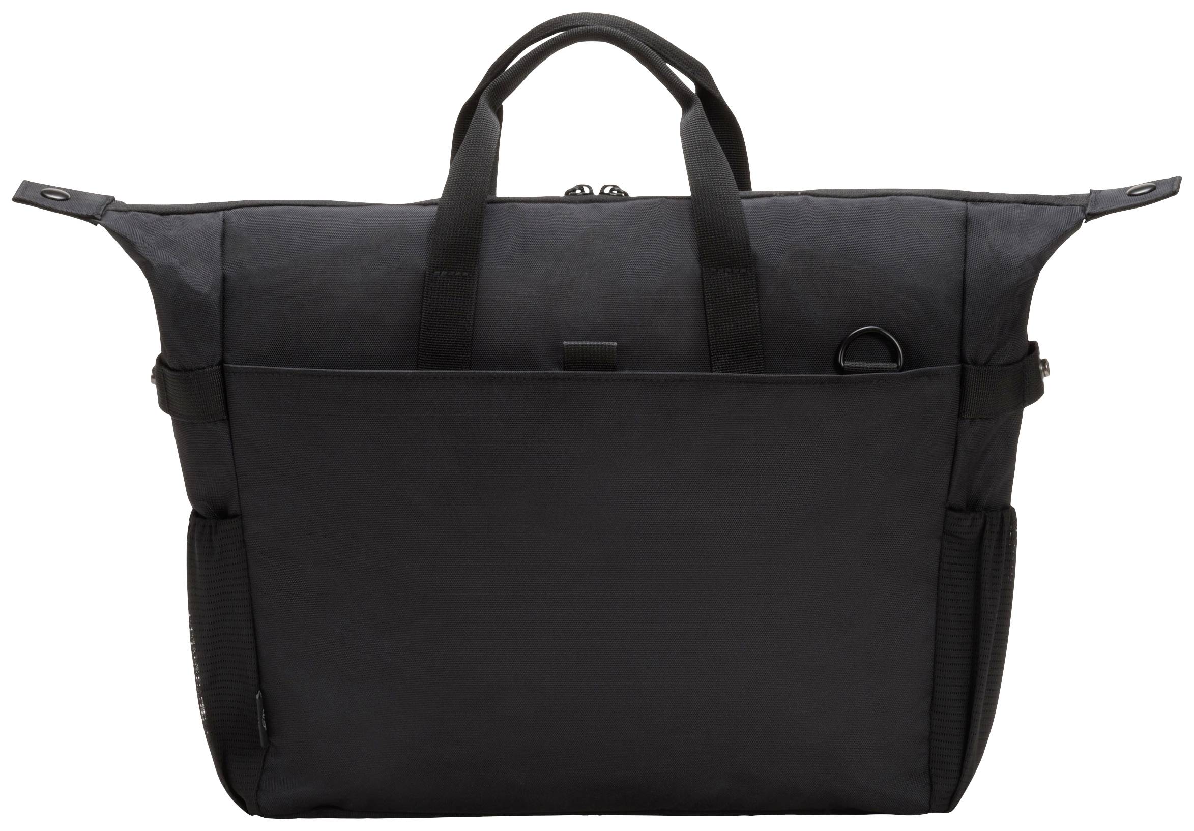 Eine schwarze Tragetasche mit zwei Griffen und seitlichen Taschen, geeignet für den täglichen Gebrauch oder Reisen.