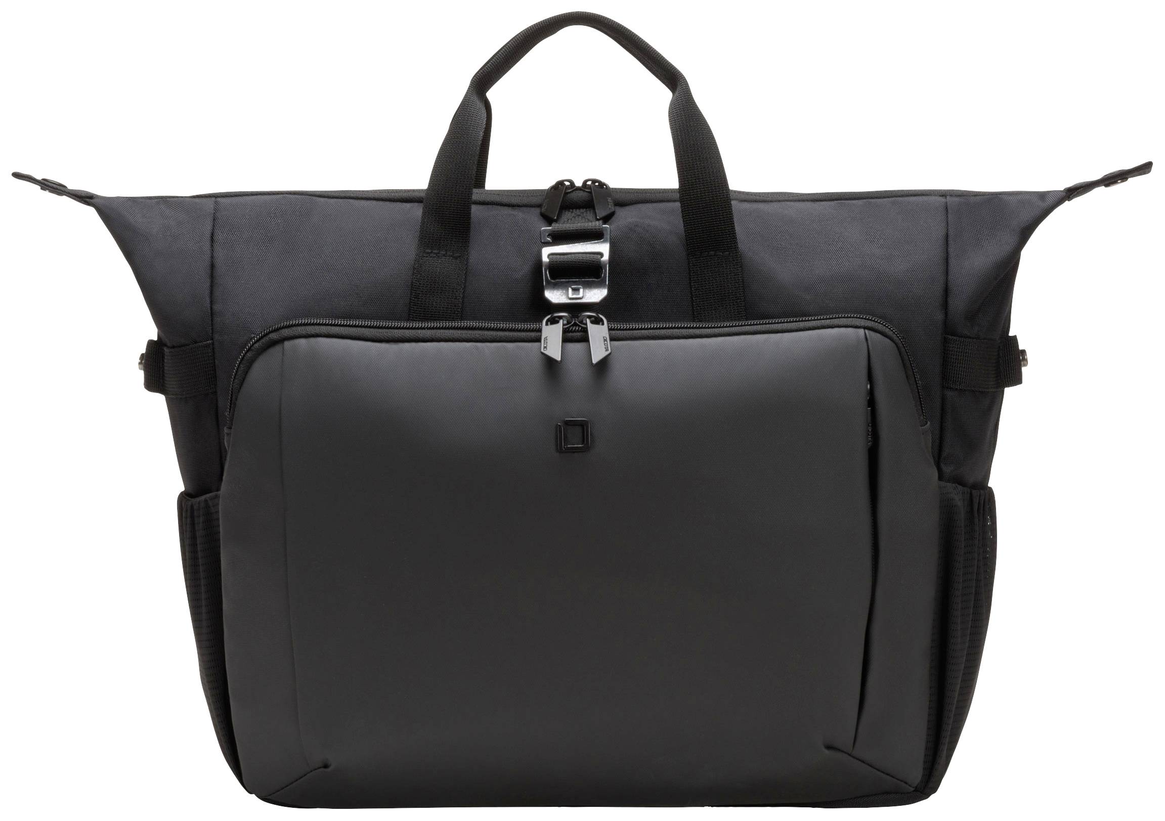 Schwarze Tragetasche mit Reißverschluss, zwei Tragegriffen und einer Vordertasche. Moderne, minimalistische Gestaltung.