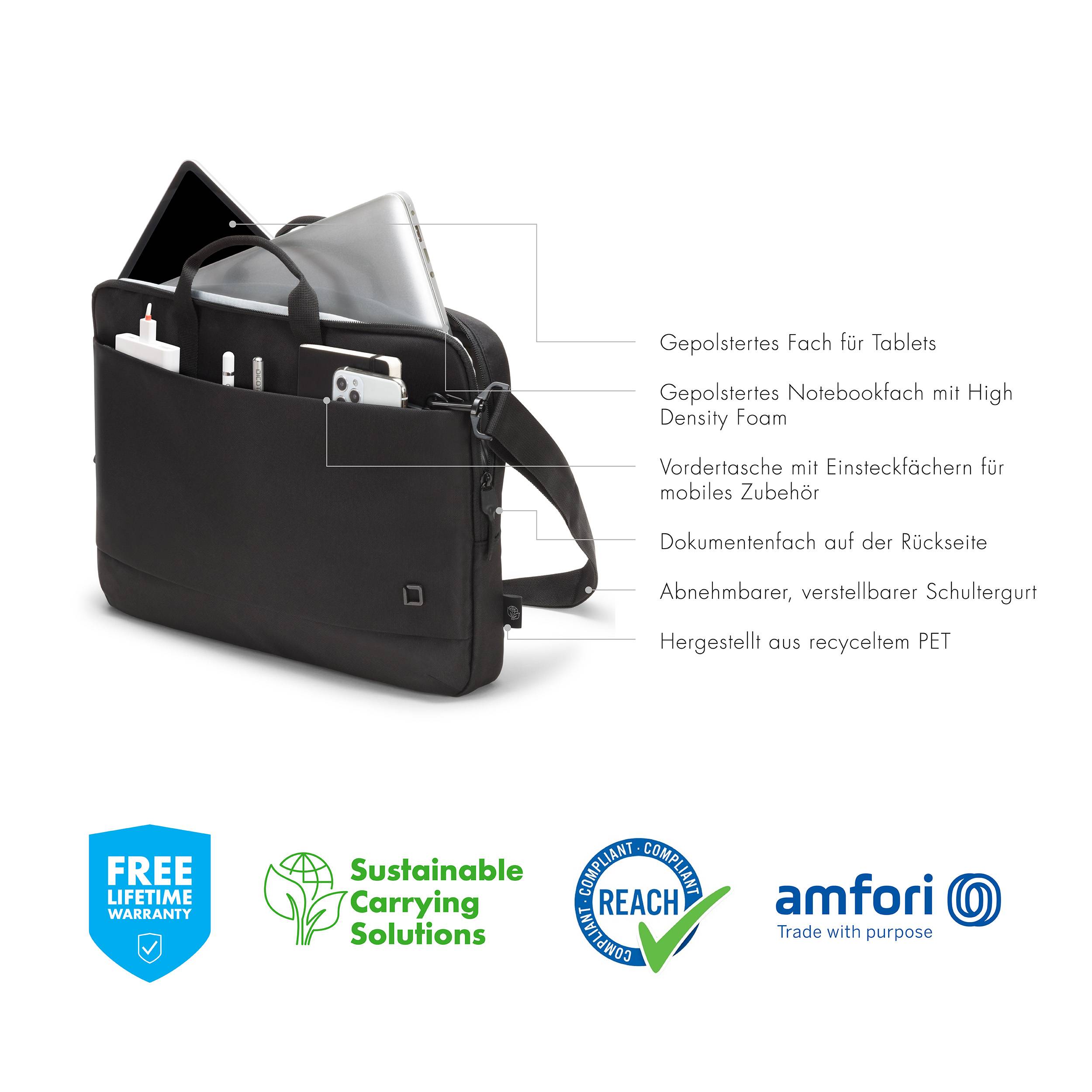 Schwarze Notebooktasche mit gepolsterten Fächern und Vordertasche. Umweltfreundlich, recyceltes PET, abnehmbarer Schultergurt.