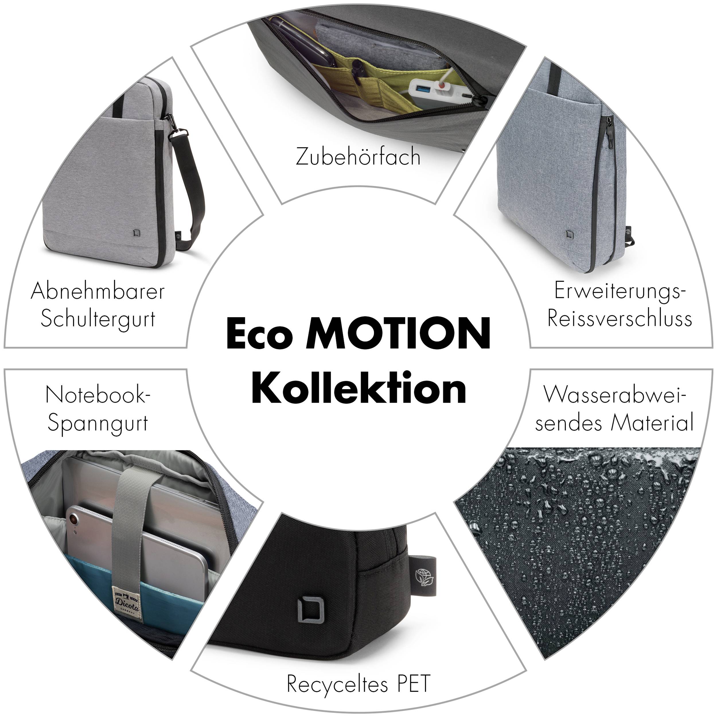Abbildung der Eco MOTION Kollektion: Zubehörfach, Erweiterungs-Reißverschluss, wasserabweisendes Material, recyceltes PET, Notebook-Spanngurt, abnehmbarer Schultergurt.