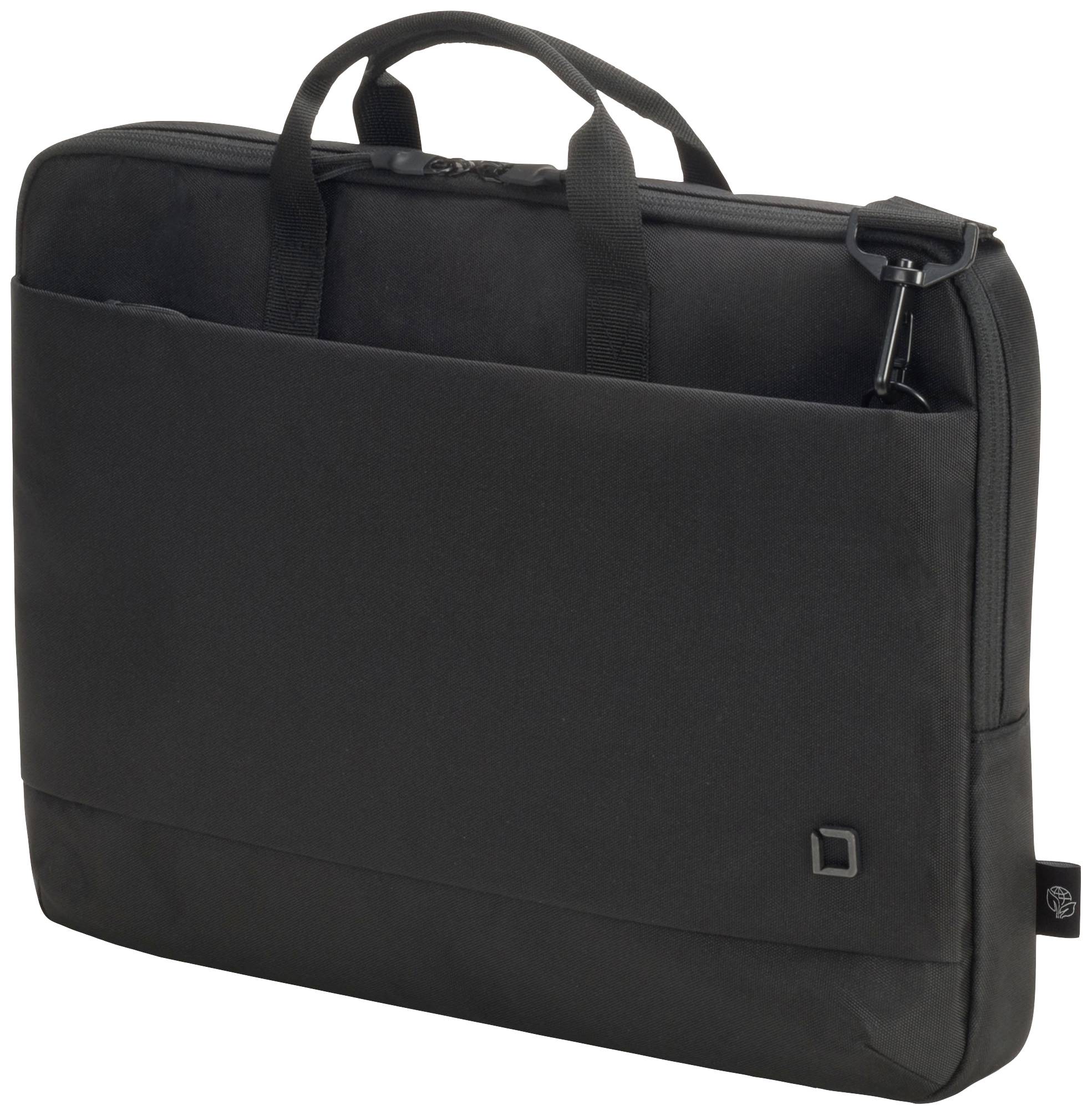 Schwarze Laptop-Tasche mit Griffen und Schulterriemen, zeigt eine äußere Fronttasche. Minimalistisches Design, geeignet für Techniktransport.