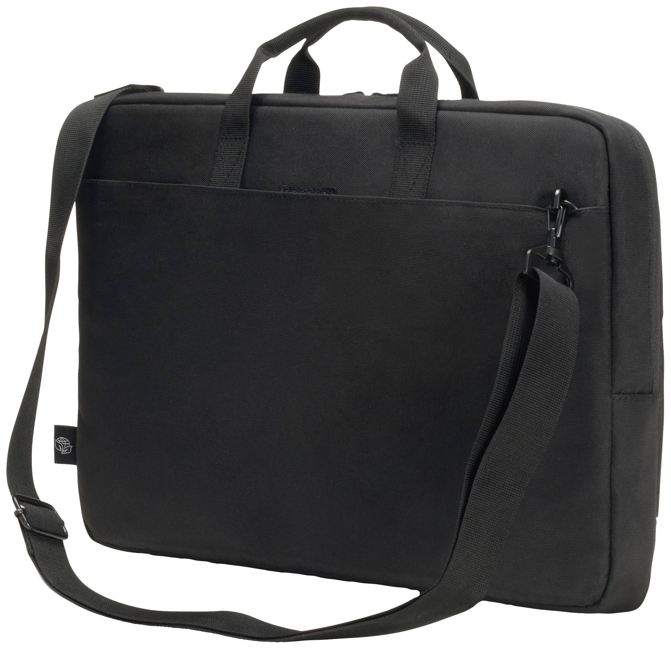 Eine schwarze Laptoptasche mit Schultergurt und Tragegriffen. Sie hat ein schlichtes Design, geeignet für geschäftliche Zwecke.