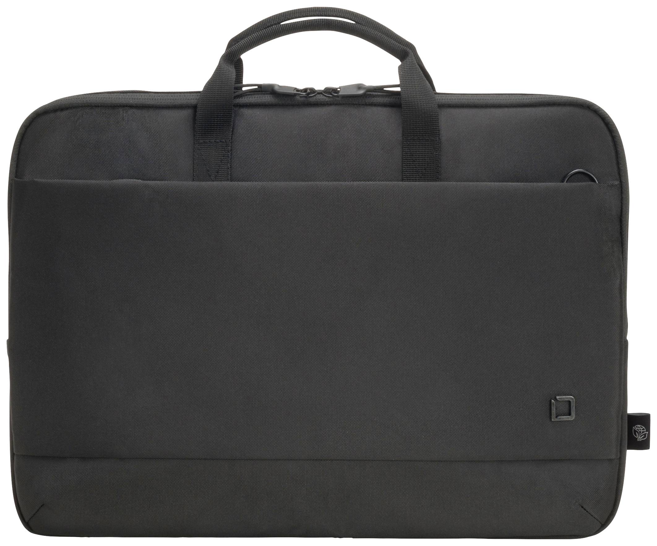 Eine schwarze Laptoptasche mit zwei Tragegriffen und einem Reißverschlussfach vorne. Schlichtes und funktionales Design.