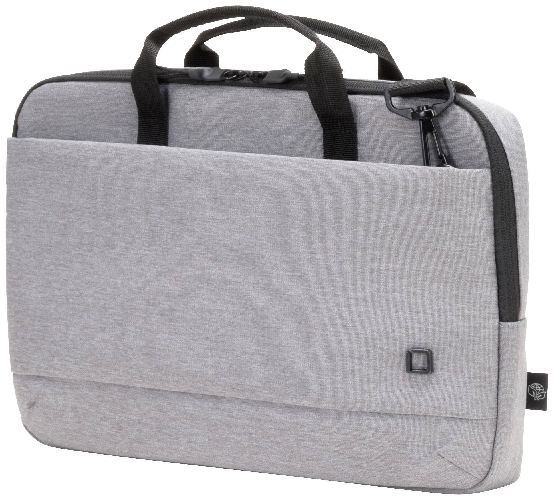 Graue Laptoptasche mit schwarzen Griffen und Reißverschluss, außen eine Vordertasche. Ideal für den Transport von Laptops.