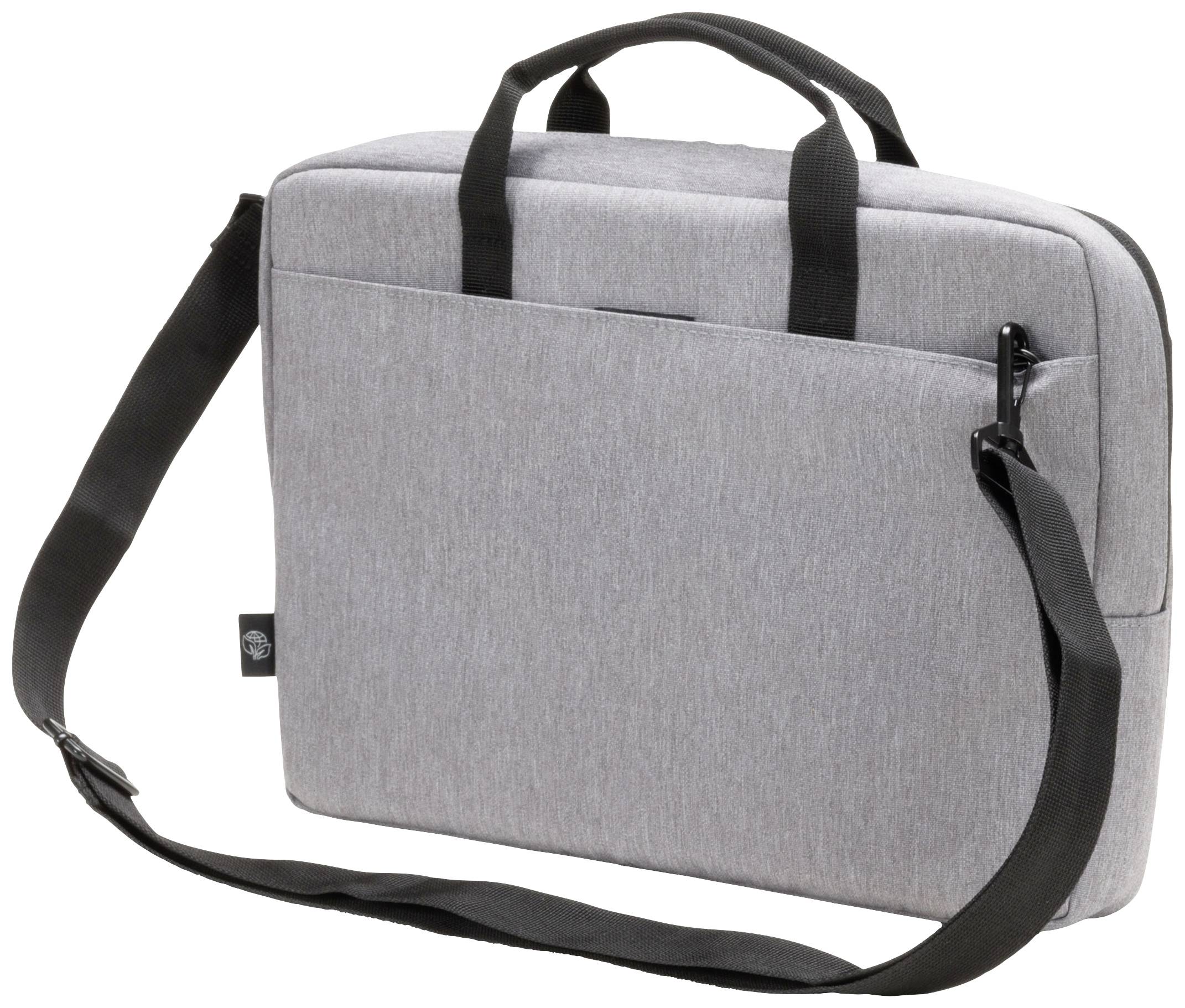 Graue Laptop-Tasche mit Tragegriffen und Schulterriemen, seitliche Tasche; Design für tragbare Laptopschutz und -transport.