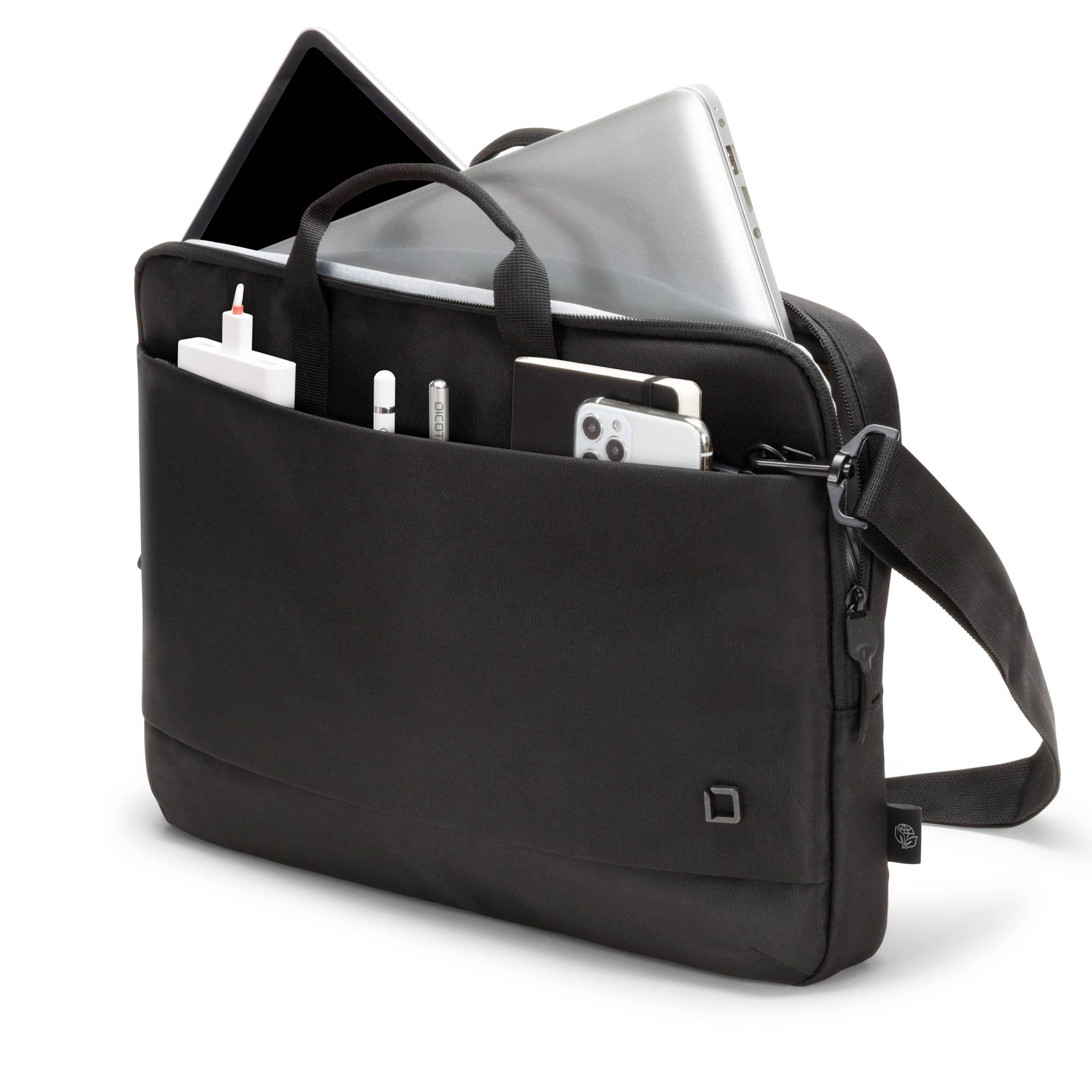 Schwarze Laptoptasche mit mehreren Fächern, gefüllt mit Laptop, Smartphone, Ladegerät und Kabel. Modernes Design, praktisch für unterwegs.