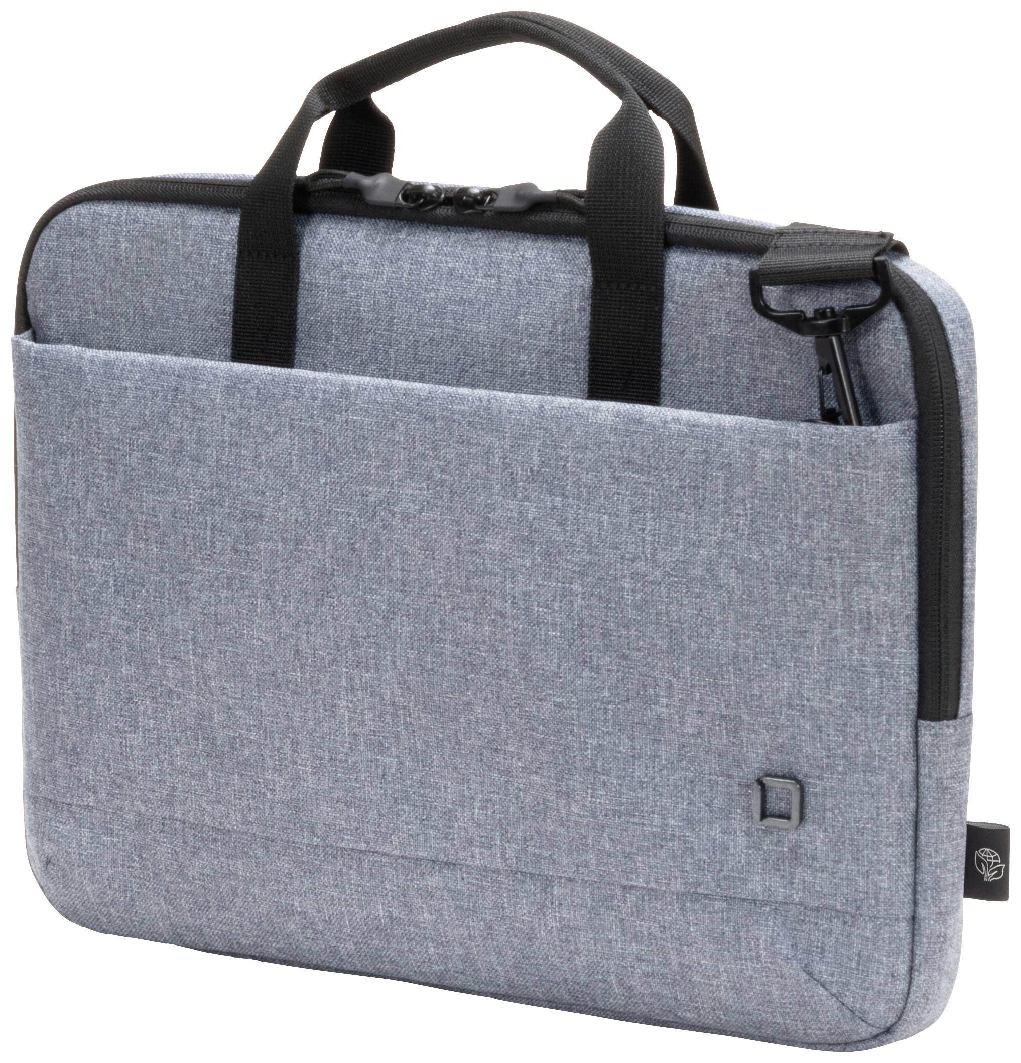 Eine graue Laptoptasche mit zwei schwarzen Tragegriffen und einer Außentasche, die einen Reißverschlussanhänger zeigt.