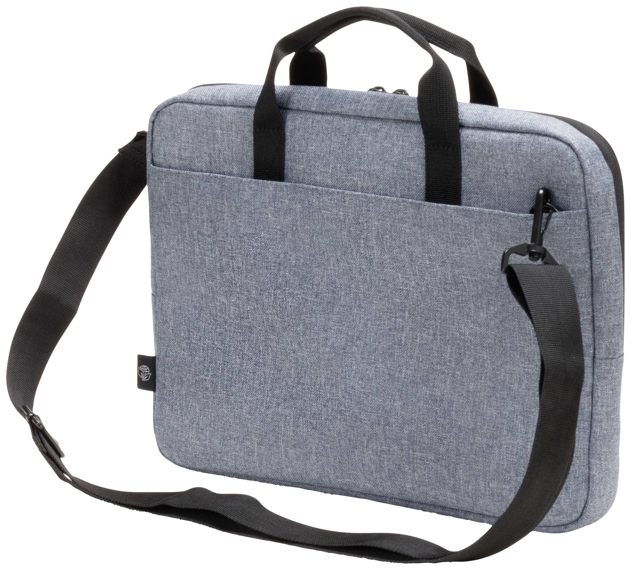 Graue Laptop-Tasche mit Tragegriffen und einem abnehmbaren Schulterriemen, geeignet für den sicheren Transport eines Laptops.