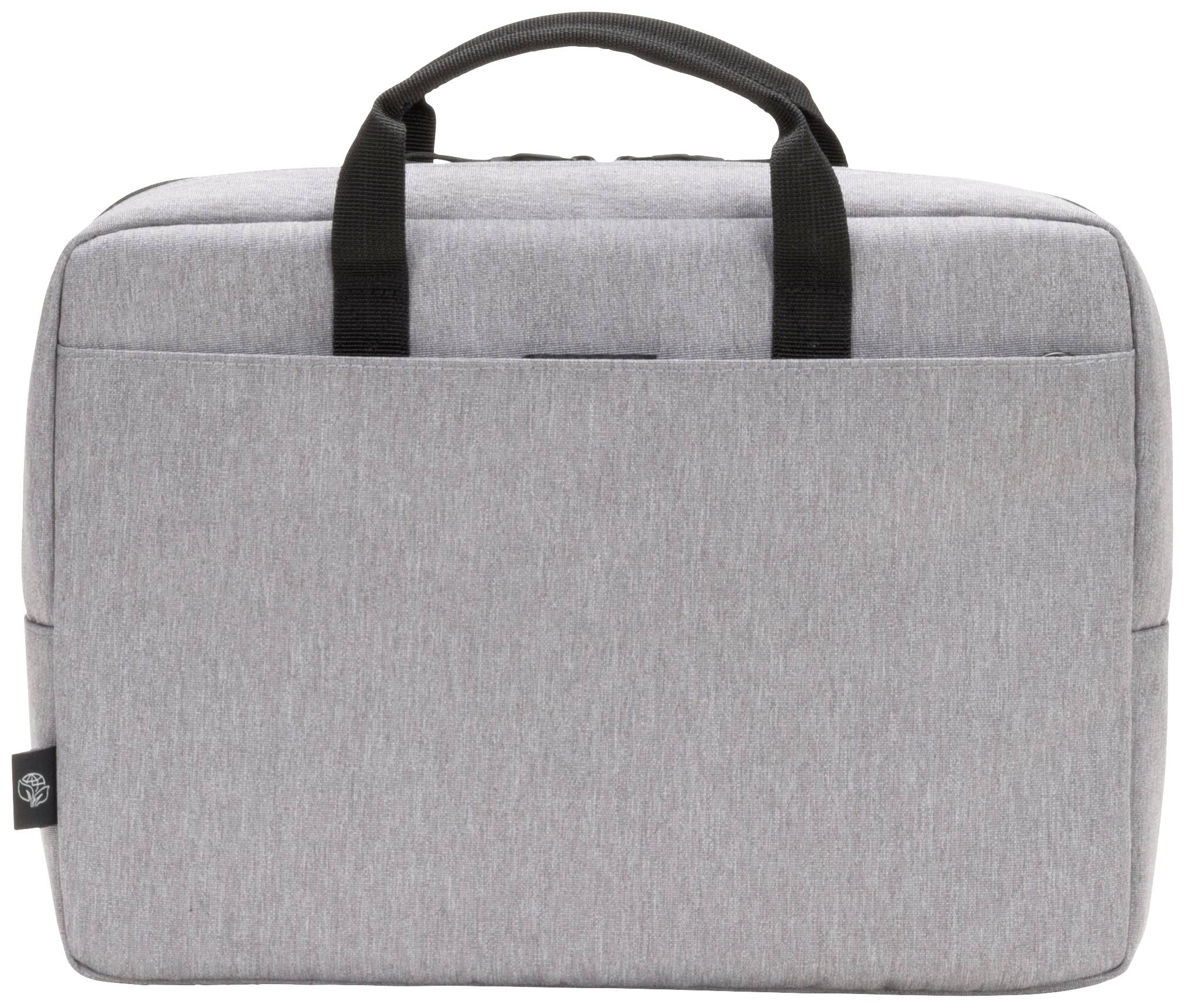 Graue, rechteckige Stofftasche mit schwarzen Griffen, aufrecht stehend.