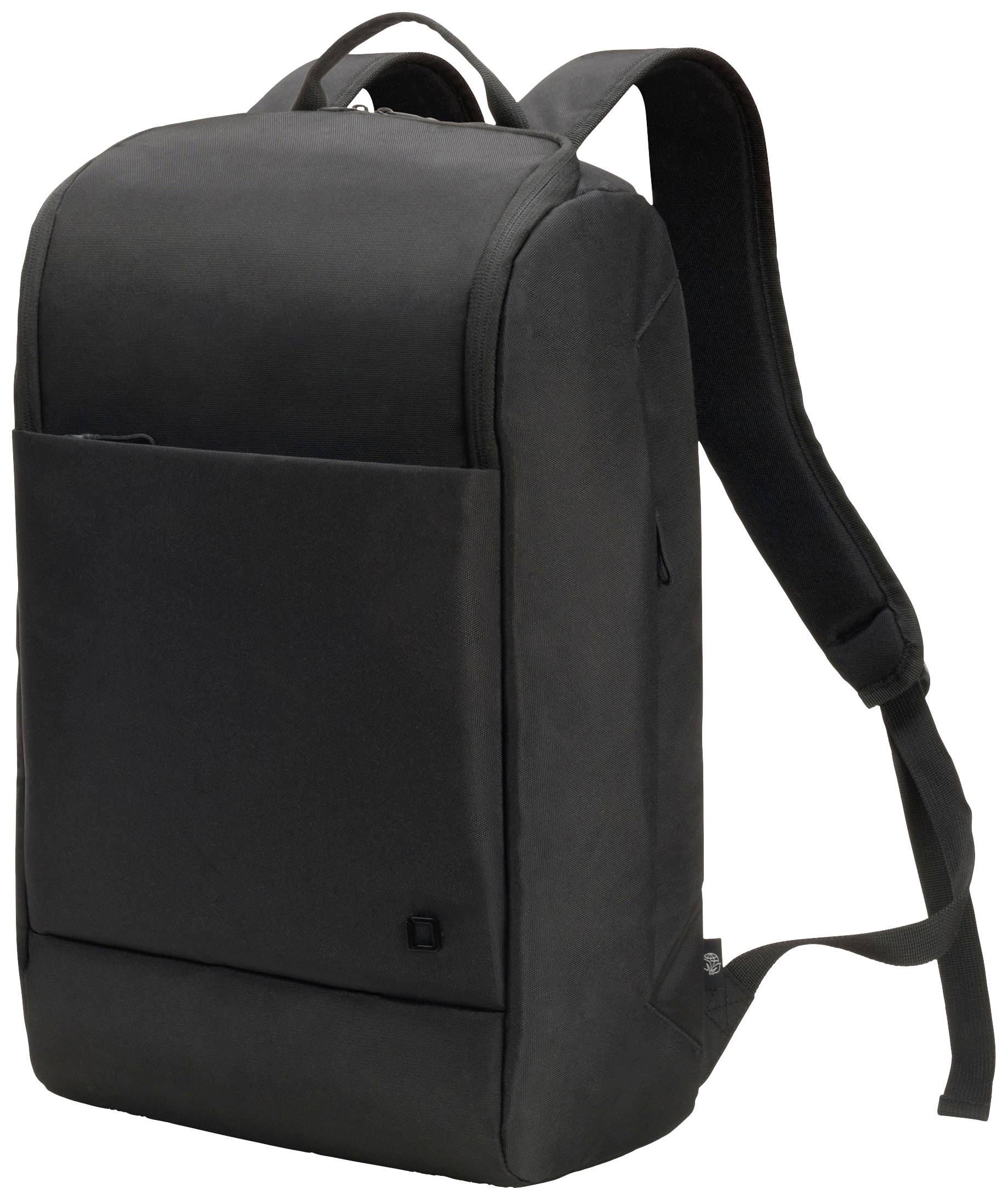 Schwarzer Rucksack mit minimalistischen Design, zwei Schulterriemen, großem Frontfach und robustem Griff oben.
