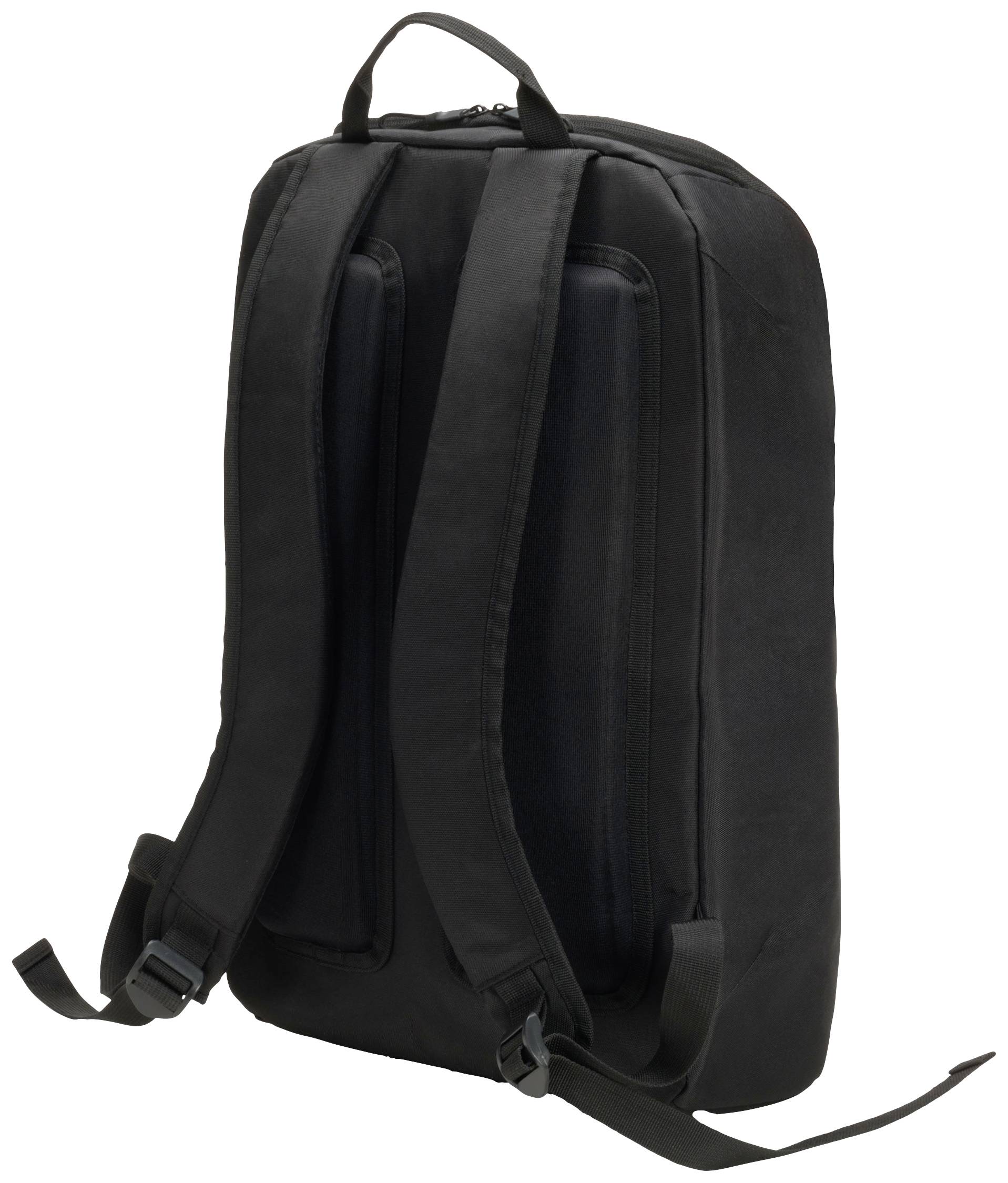 Ein schwarzer Rucksack mit zwei Schultergurten und einem Tragegriff oben, von hinten betrachtet.