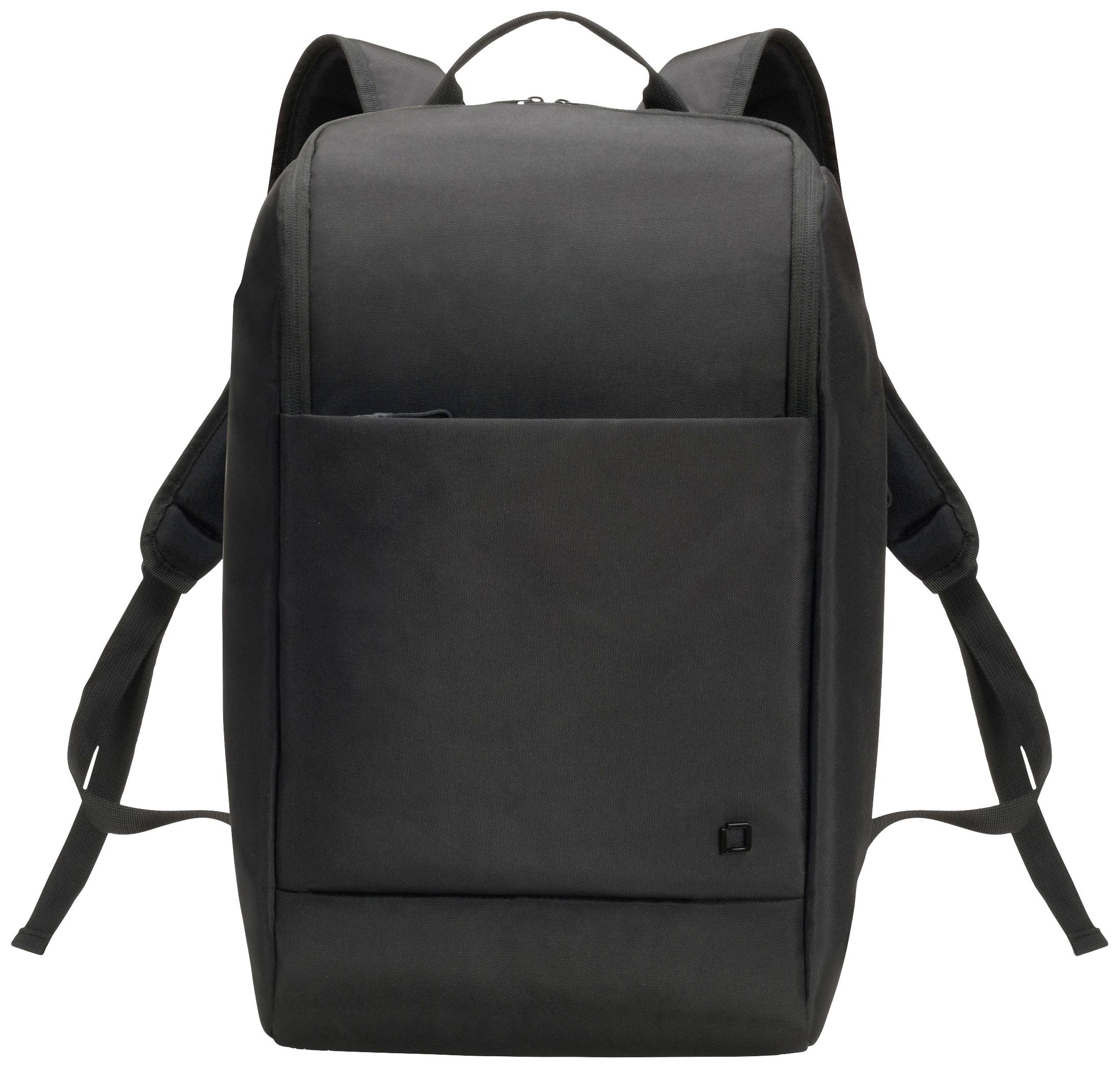 Schwarzer Rucksack mit schlichtem Design, breiten Schultergurten und einer großen aufgesetzten Vordertasche.