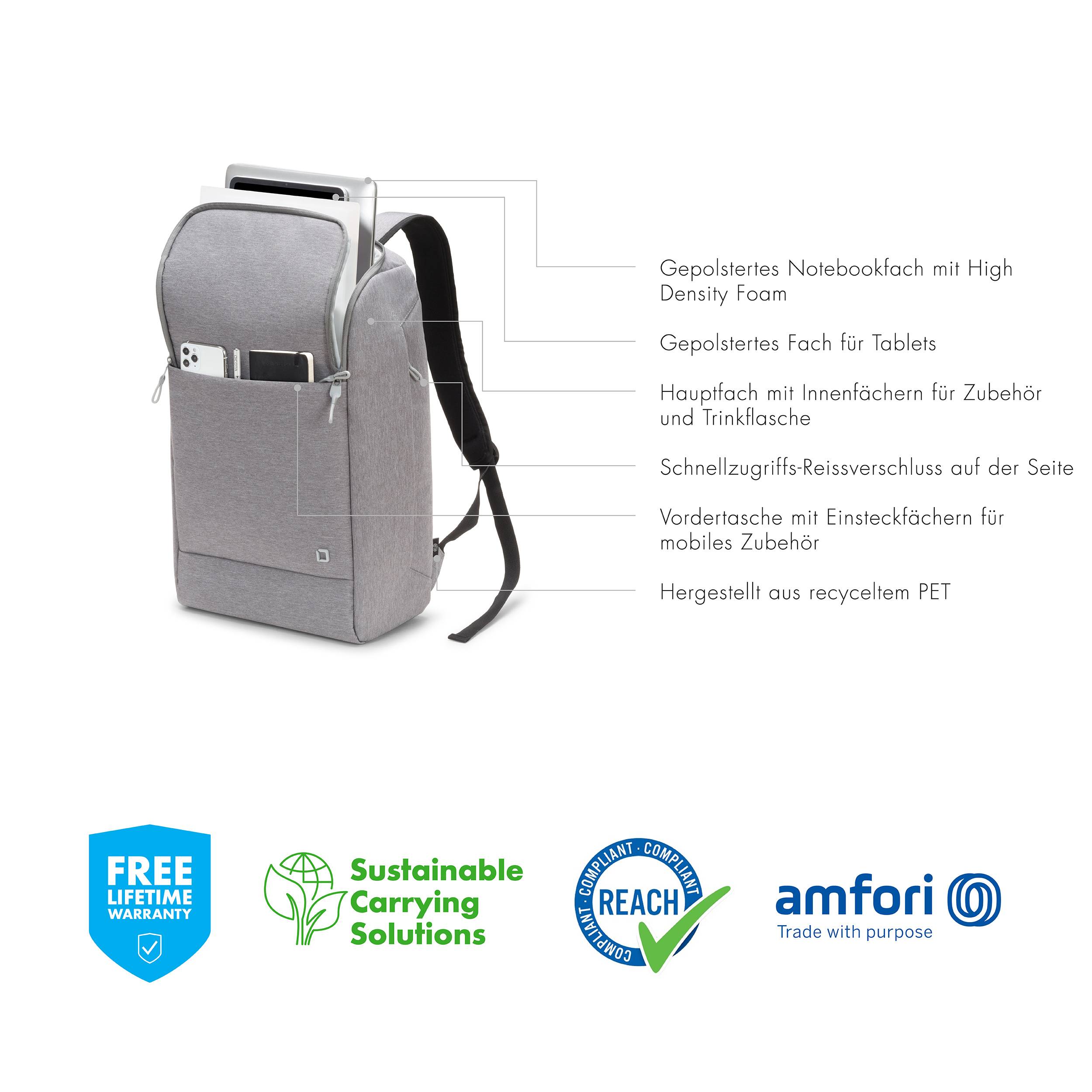 Grau-schwarzer Rucksack mit gepolstertem Laptopfach, Tabletfach und Seitentasche. Text über nachhaltige Herstellung aus recyceltem PET. Symbole für Garantie und Nachhaltigkeit unten.