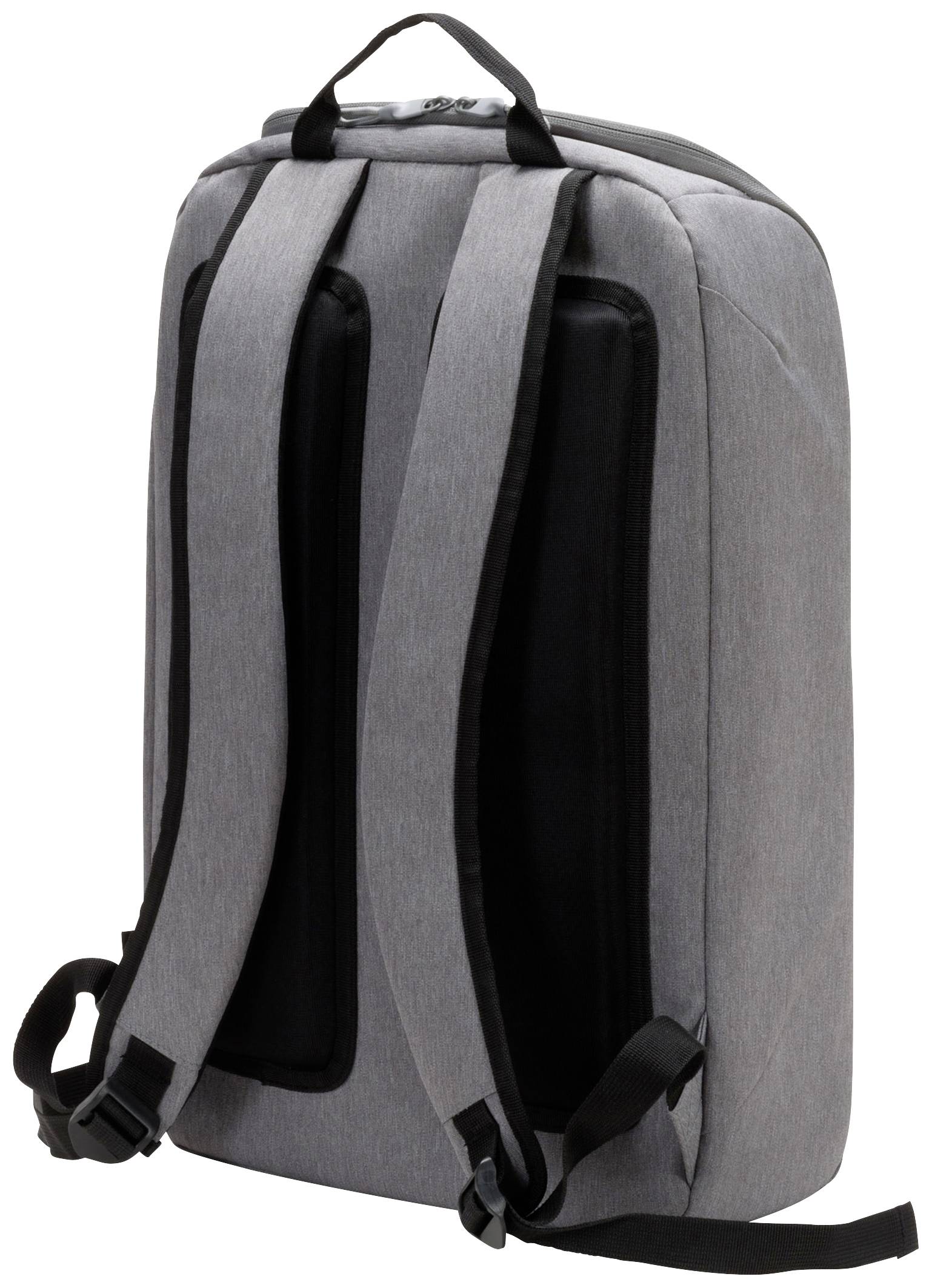 Ein grauer Rucksack mit zwei gepolsterten Schultergurten und einem kleinen Tragegriff oben.