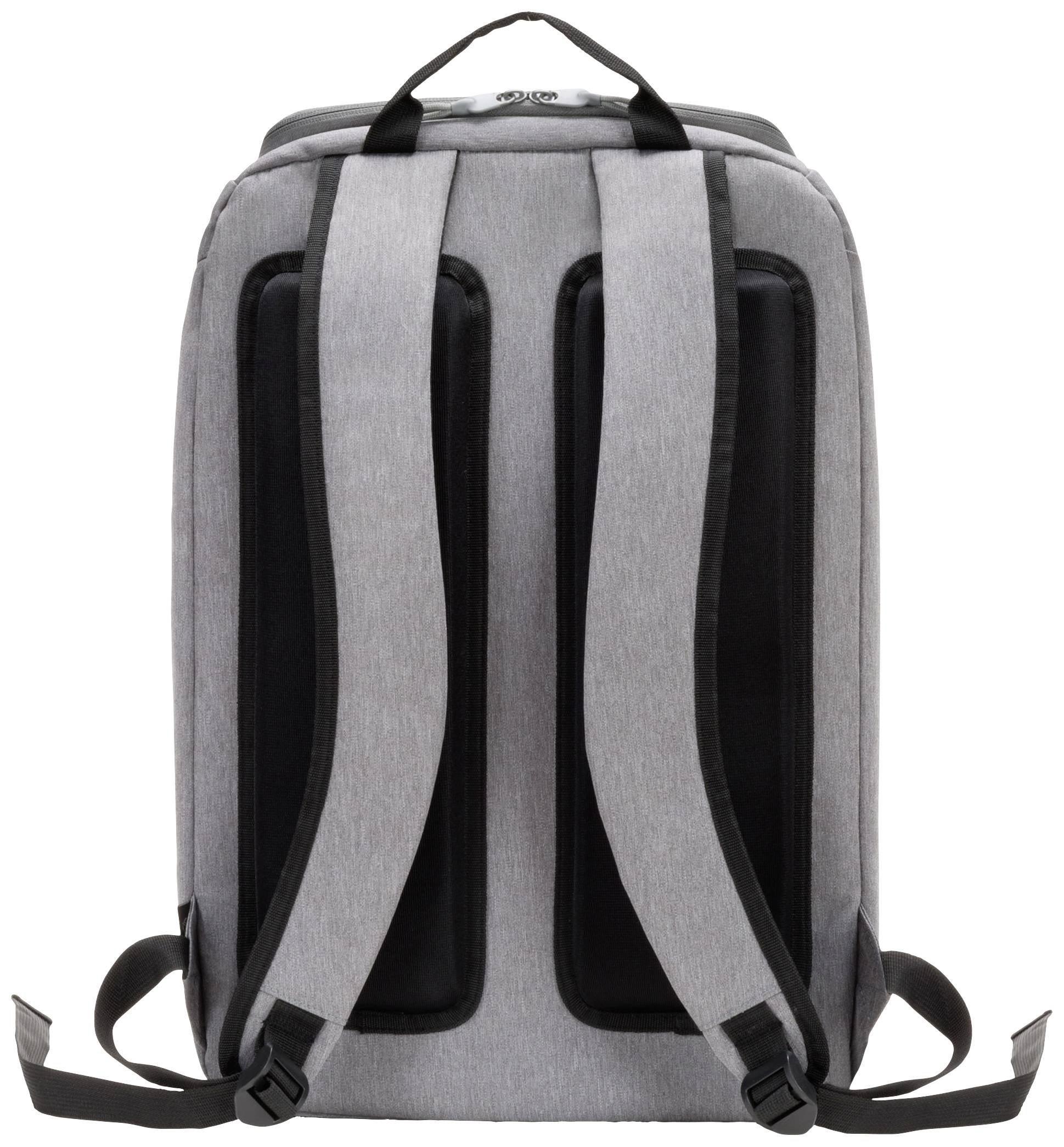 Grauer Rucksack mit schwarzen gepolsterten Trägern und Griff. Rückansicht zeigt rechteckige Form und zwei verstärkte Rückenpolster.