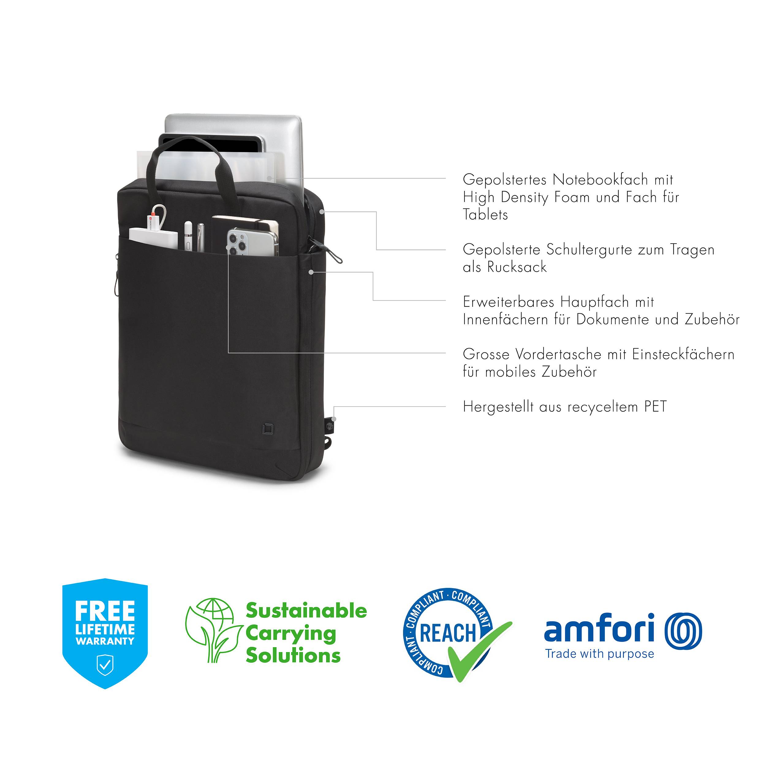 Gepolsterte Notebooktasche mit Fächern für Laptop und Tablets, erweiterbares Hauptfach, Fronttasche; bestehend aus recyceltem PET.
