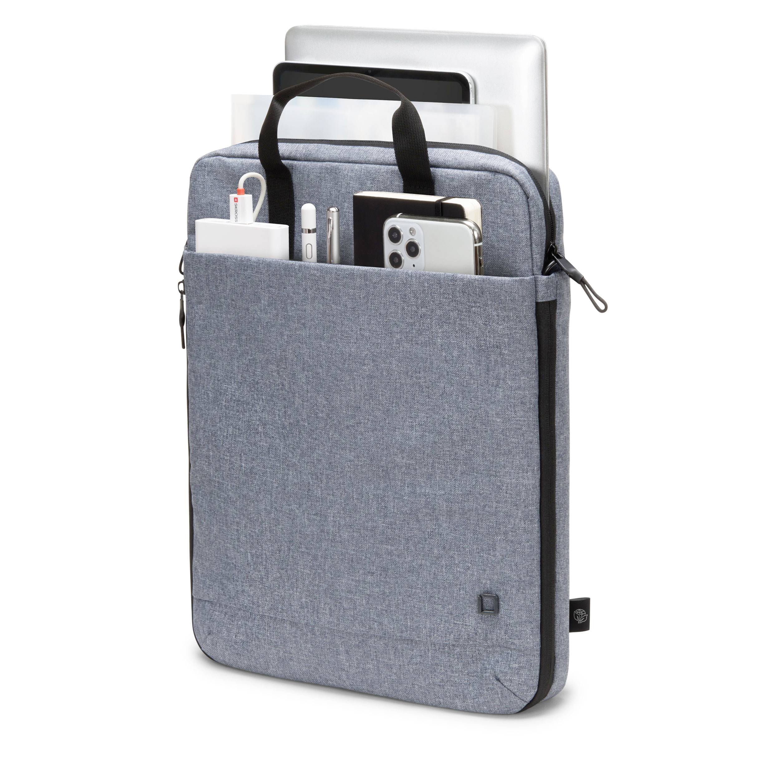 Eine graue Laptoptasche mit mehreren Fächern, gefüllt mit einem Laptop, Tablet, Smartphone, Stiften und Zubehör.