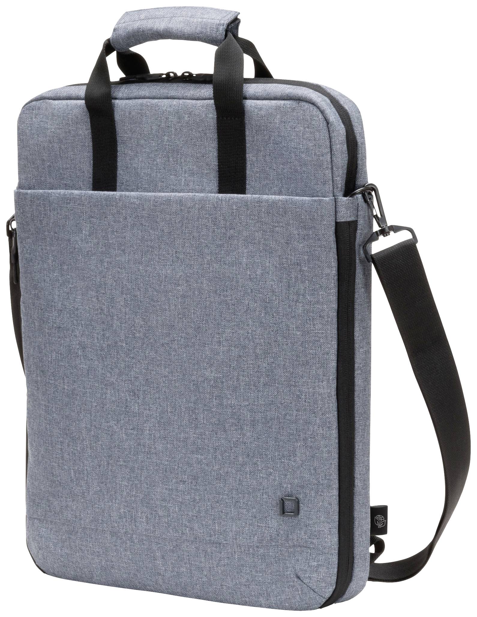 Graue Laptop-Tasche mit Tragegriffen und Schultergurt, vorne ein kleines Fach. Geeignet für Business- oder Alltagsgebrauch.