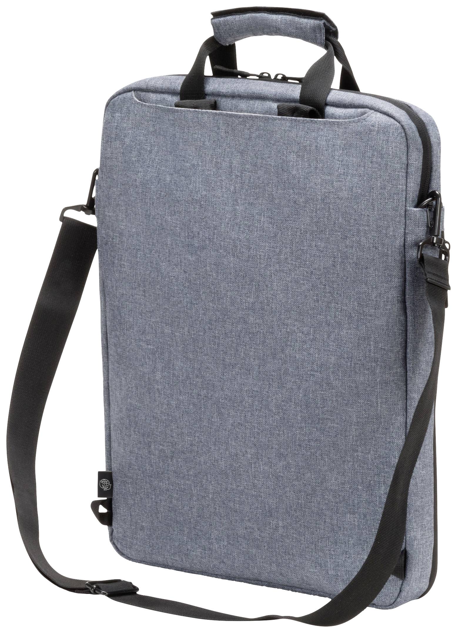 Graue Laptoptasche mit abnehmbarer, verstellbarer Schulterriemen und Tragegriff.