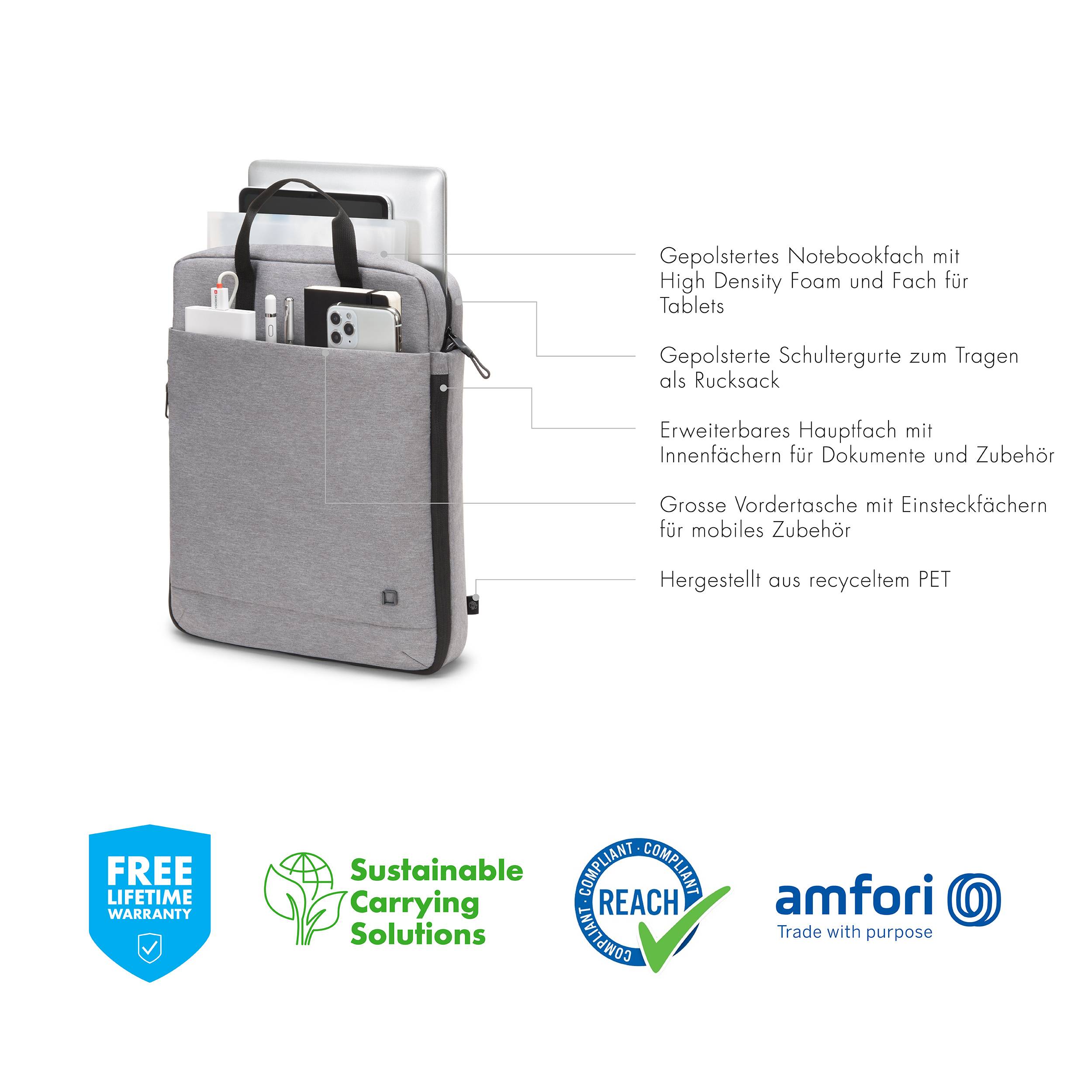 Grau melierte Notebooktasche mit mehreren Fächern für Laptop, Tablet und Zubehör, hergestellt aus recyceltem PET. Nachhaltig mit Garantiesiegel.