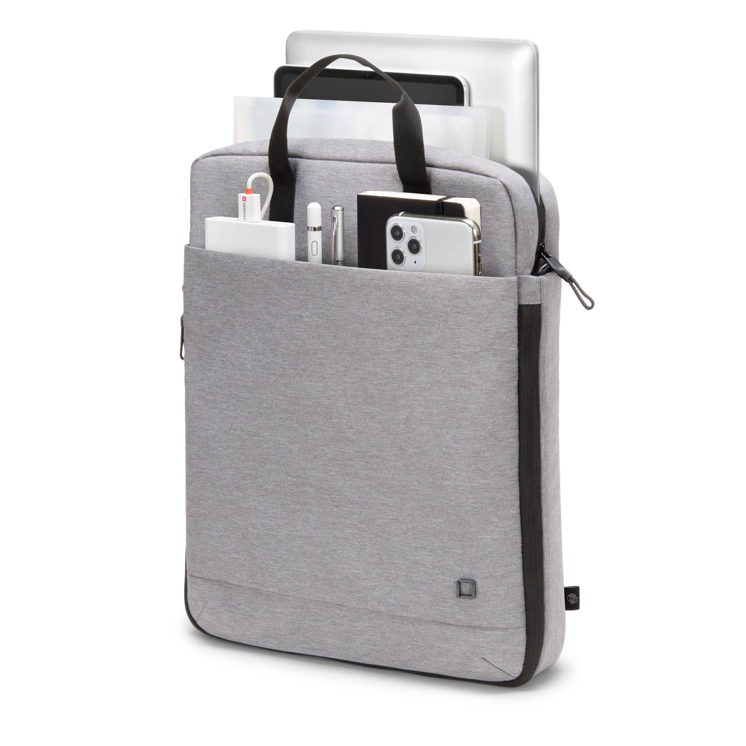 Eine graue Laptop-Tasche mit mehreren Fächern hält einen Laptop, Smartphone, Stifte und Notizbücher. Sie ist modern und gut organisiert.