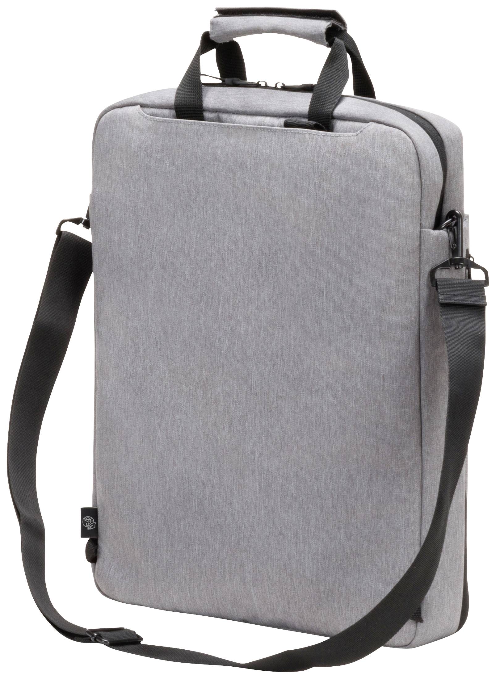 Graue Laptoptasche aus Stoff mit Tragegriff und verstellbarem Schultergurt, vor weißem Hintergrund.